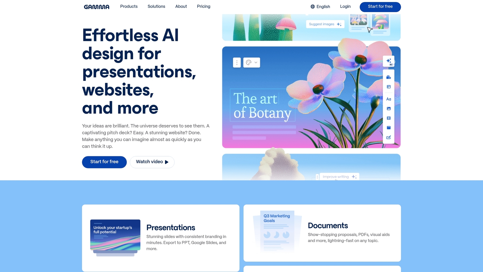 A screenshot of the Gamma landing page, another one of the best AI tools for productivity growth.
