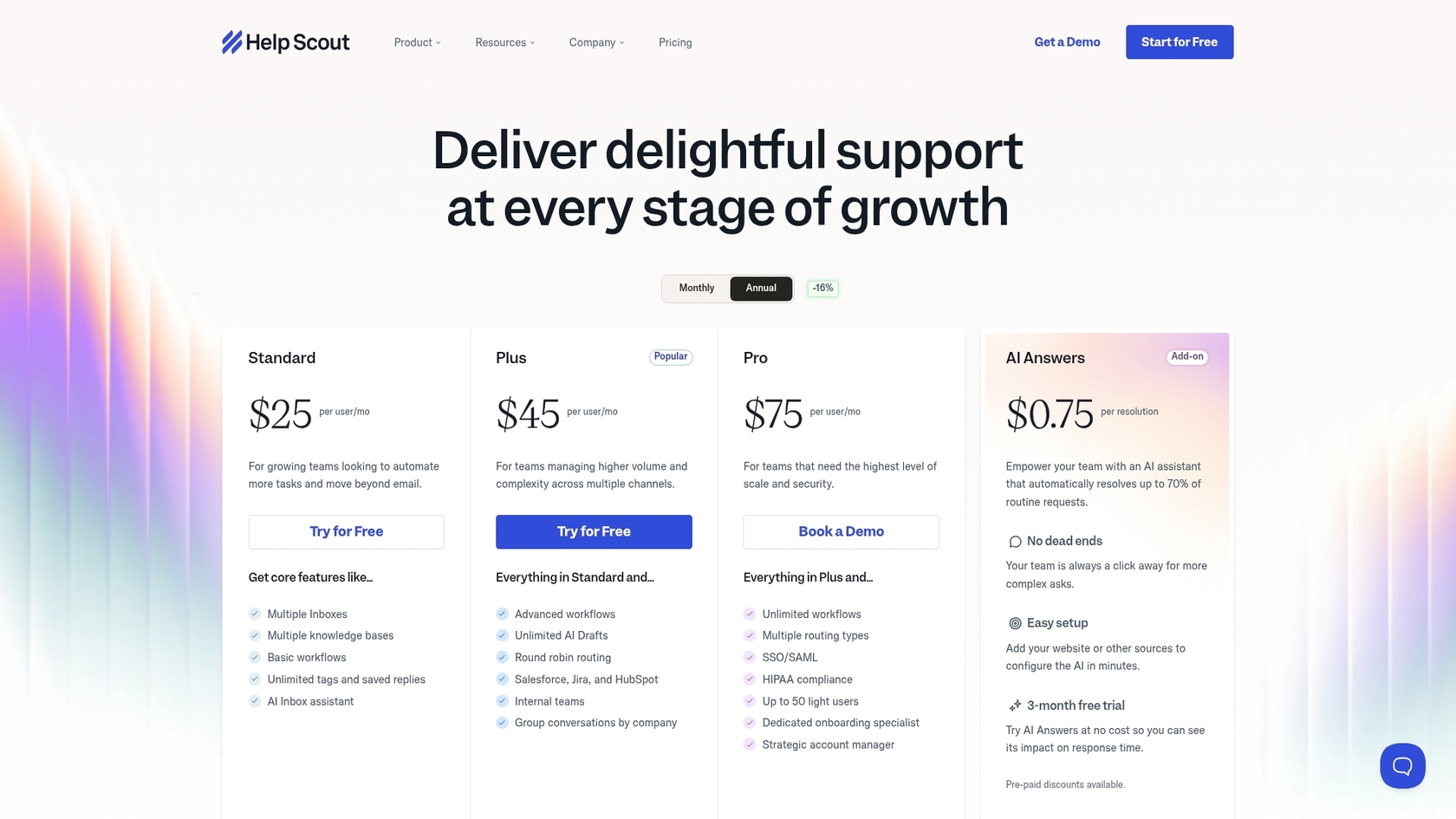 A screenshot of the Help Scout pricing page, relevant to the Help Scout AI agent.::