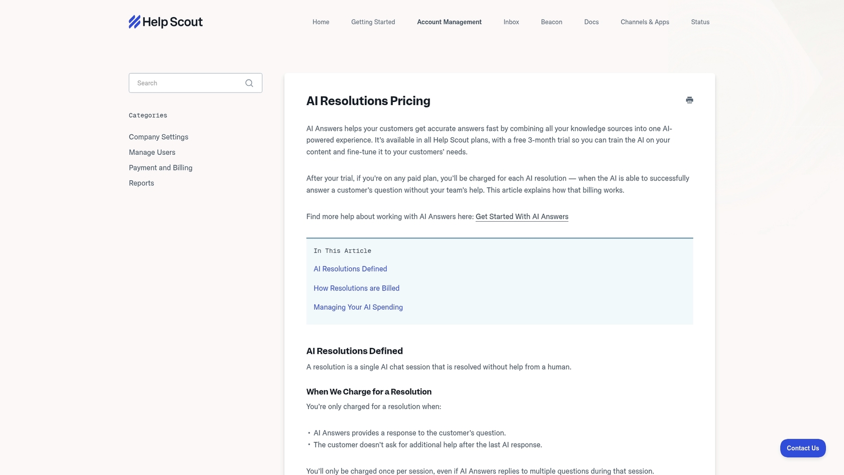 A screenshot of the Help Scout resolution pricing page, relevant to the Help Scout AI agent.::