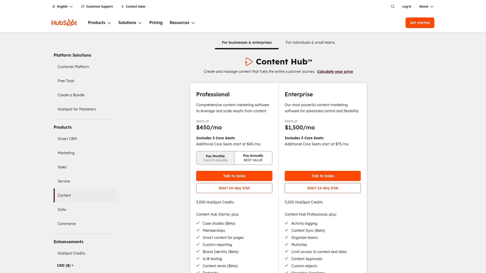 A screenshot of the HubSpot Content Hub pricing page, which is relevant to this HubSpot AI website builder review.::