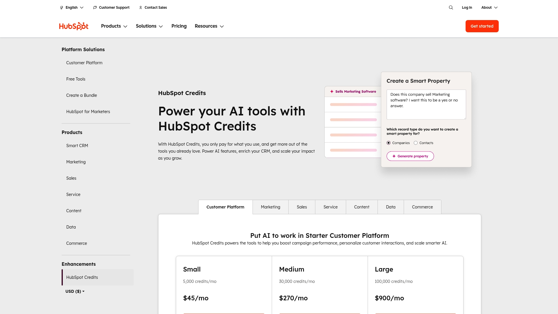 Uma captura de ecrã da página de preços dos créditos HubSpot, mostrando os diferentes níveis e custos.