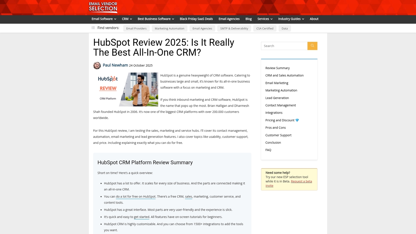 A screenshot of the HubSpot CRM review page, which is relevant to this HubSpot AI website builder review.::