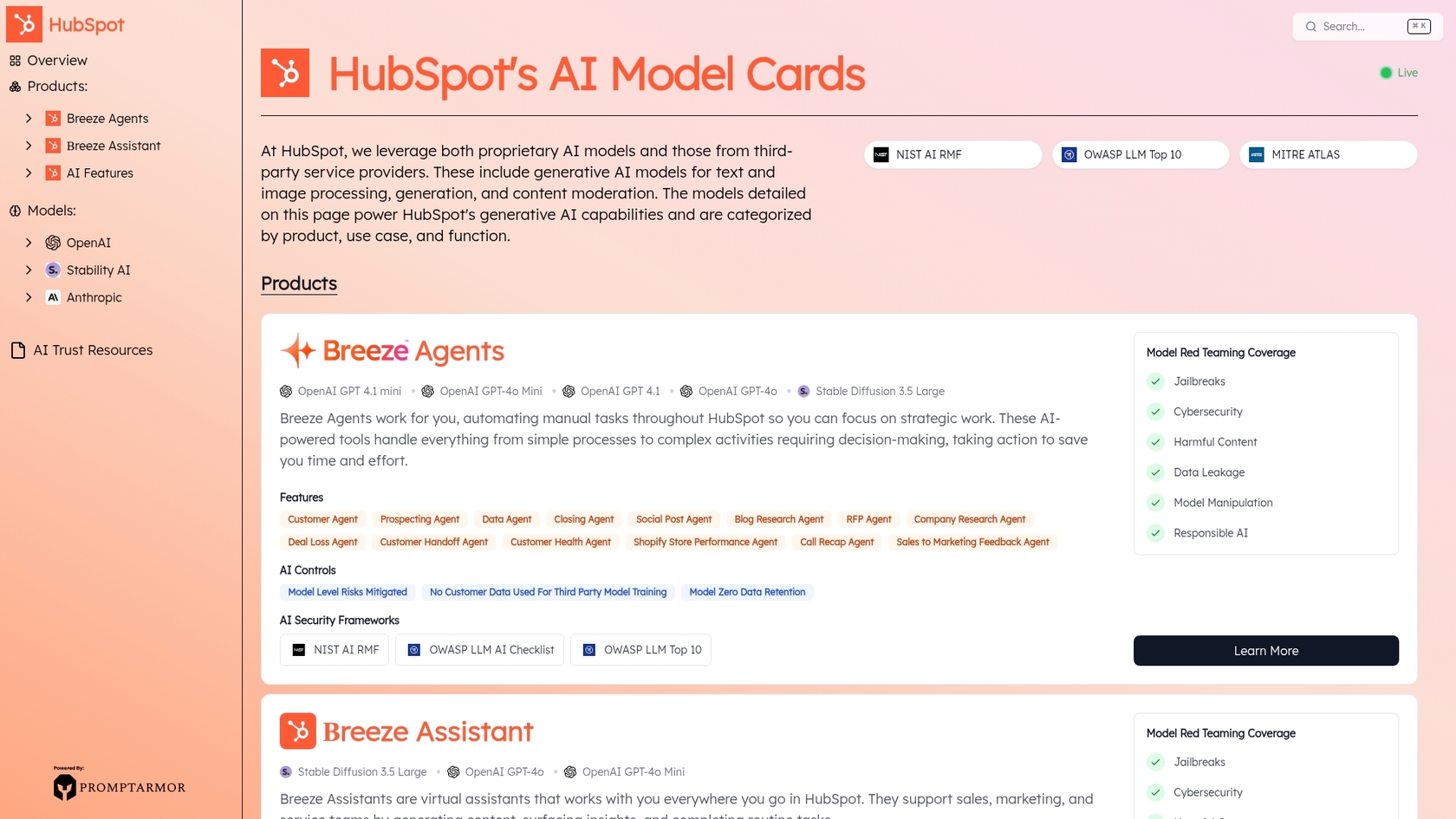 A screenshot of the HubSpot Trust Center page, which details their commitment to responsible AI. The HubSpot AI security is a key feature.