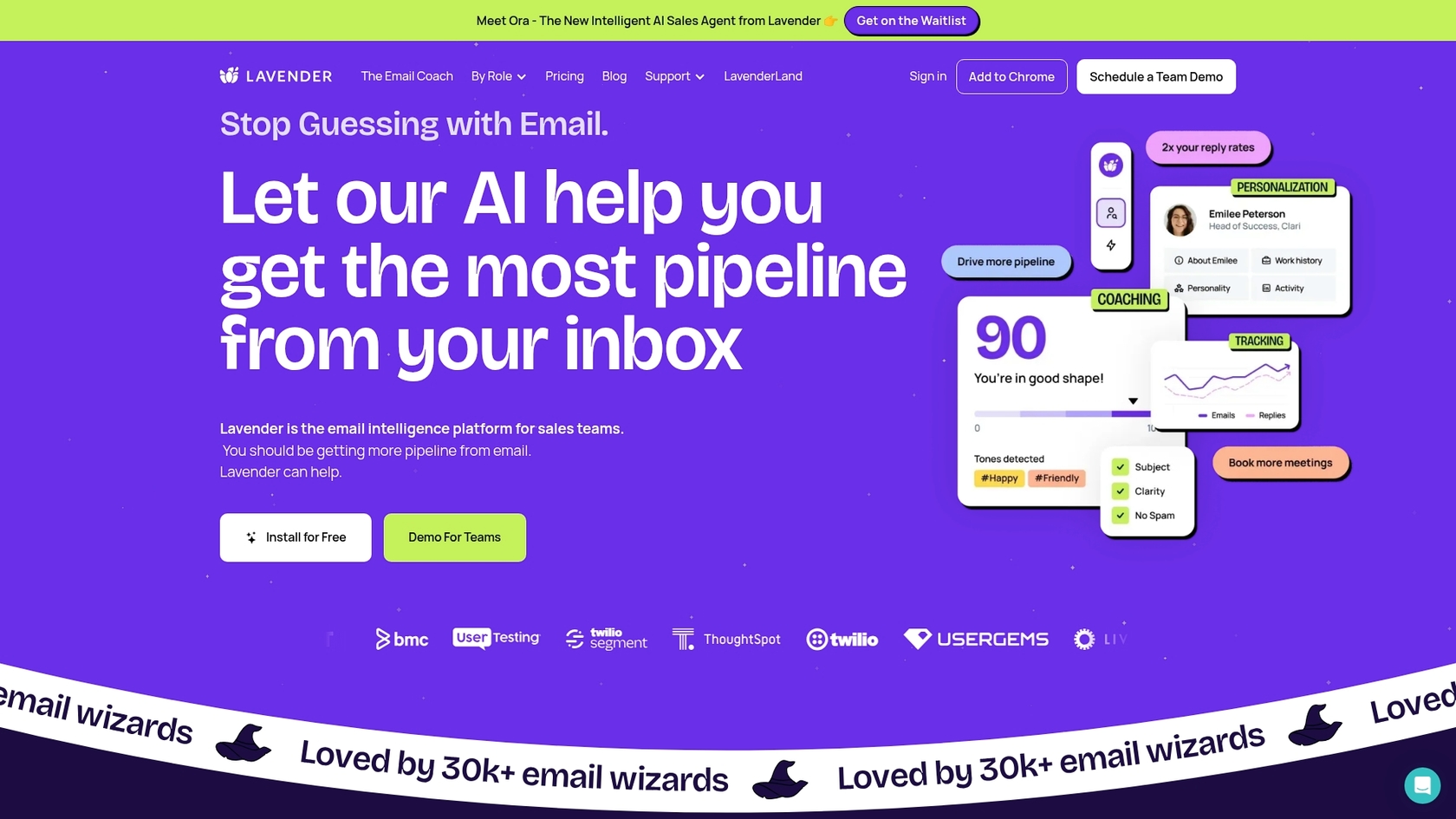 A screenshot of the Lavender landing page, demonstrating why it's one of the top AI tools Salesforce sellers use daily for email coaching.