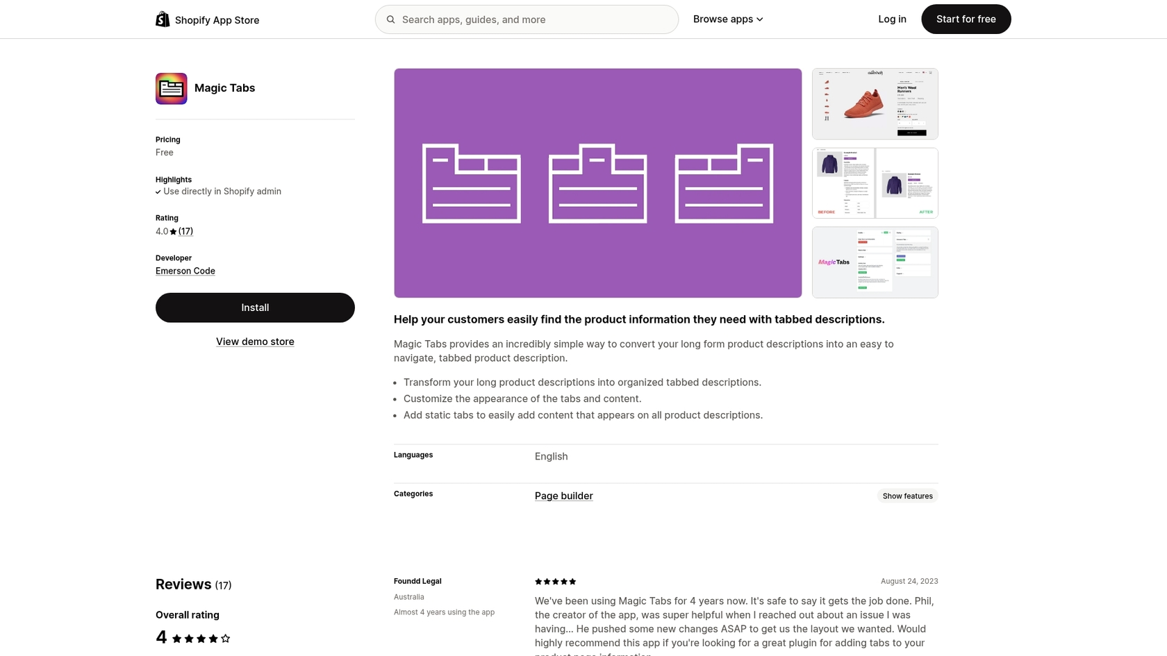 Ein Screenshot der App-Seite von Magic Tabs, das zur Organisation von Produktseiten verwendet wird.::