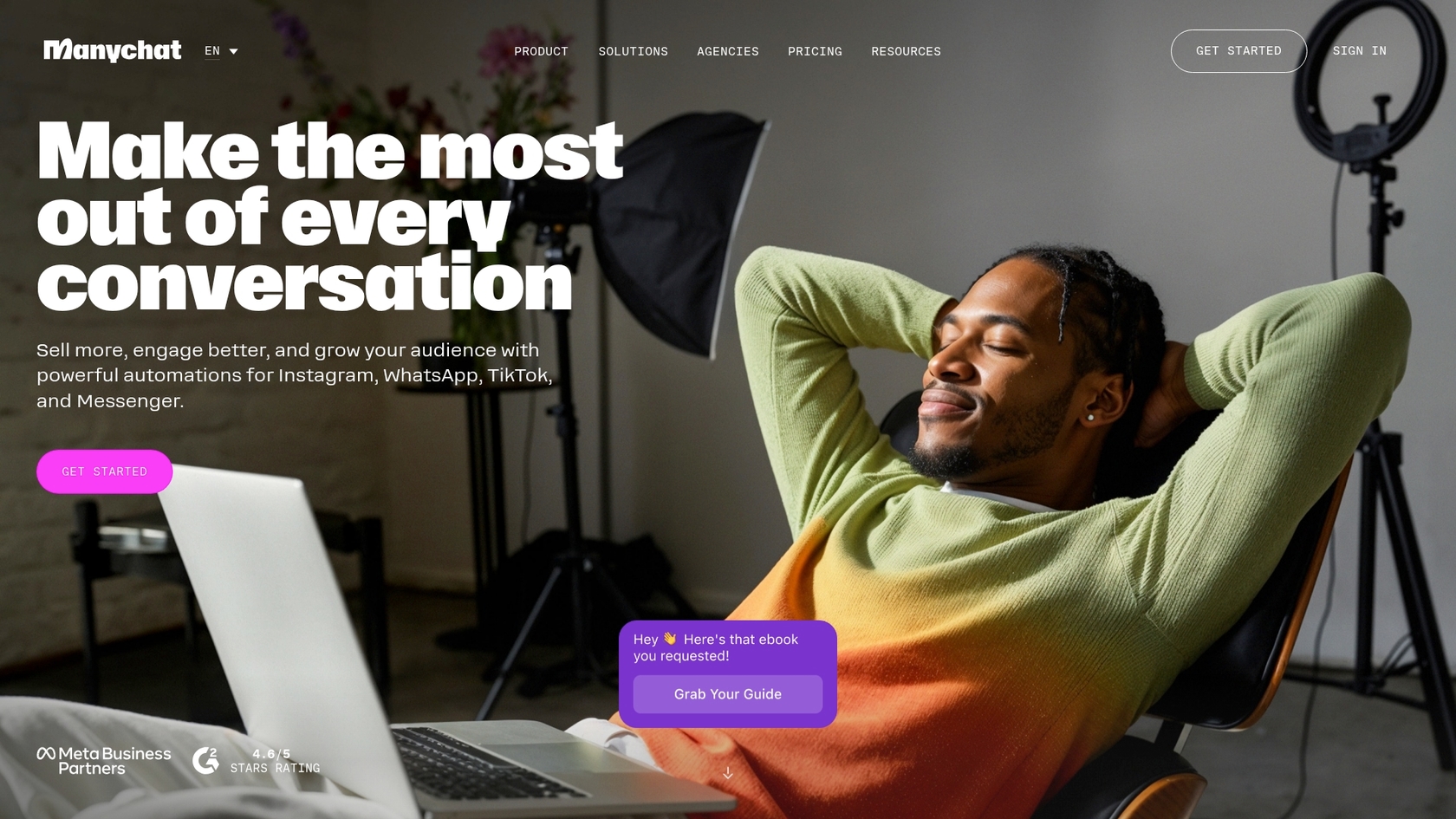 A screenshot of the Manychat landing page, a great choice for a social media-focused chatbot for a website.