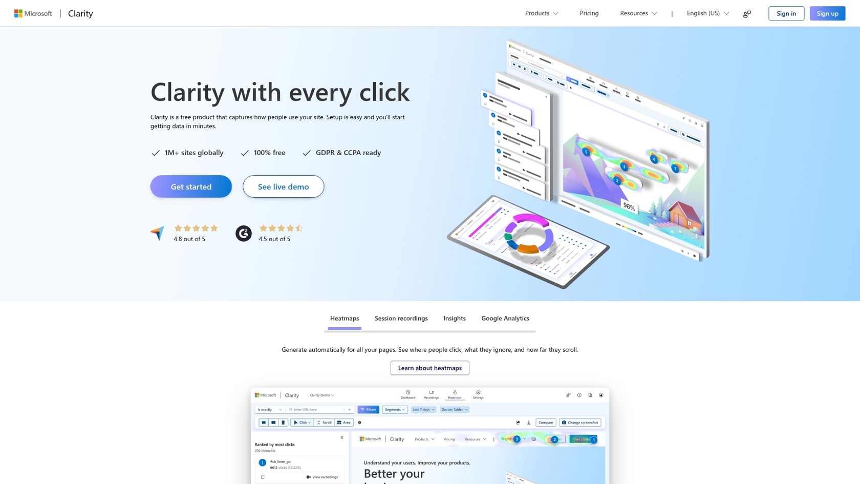 Une capture d'écran de Microsoft Clarity, qui aide à générer des informations de campagne à l'aide de l'IA en suivant le comportement sur le site.::