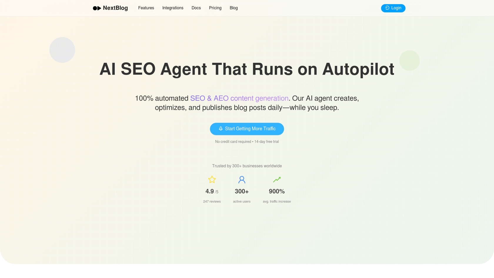 AI自動ブログプラットフォーム、NextBlog.aiのランディングページのスクリーンショット。::