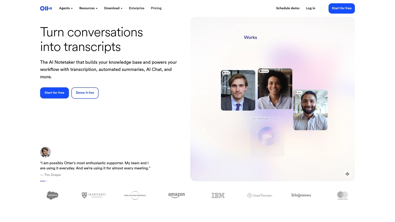 A screenshot of the Otter.ai landing page, showcasing one of the best AI tools for productivity growth.