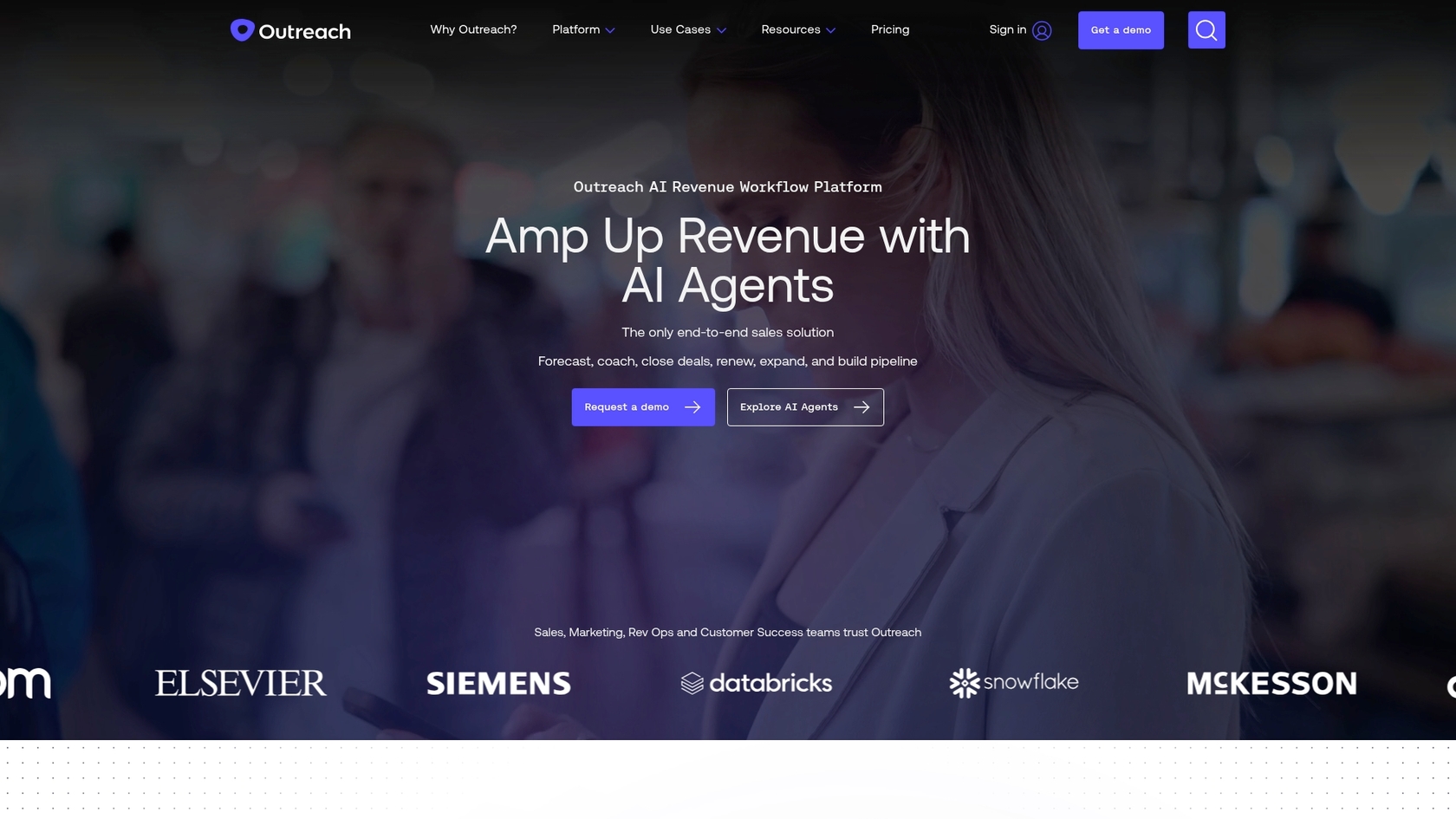 A screenshot of the Outreach landing page, one of the most effective AI tools Salesforce sellers use daily for sales engagement.