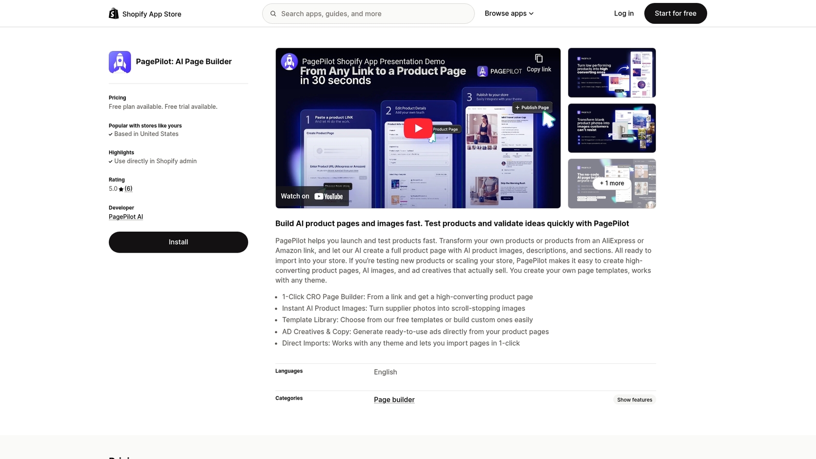 Ein Screenshot der PagePilot-App-Seite im Shopify App Store, der ein Beispiel für eine Shopify-KI-App für das Store-Design zeigt.::