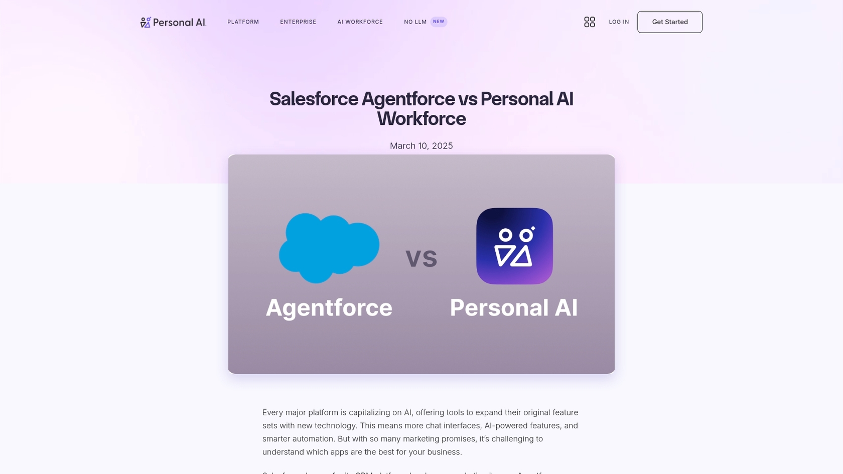 Une capture d'écran de la page d'accueil de Personal AI Workforce, un élément clé de la comparaison entre Salesforce Agentforce et Personal AI Workforce.