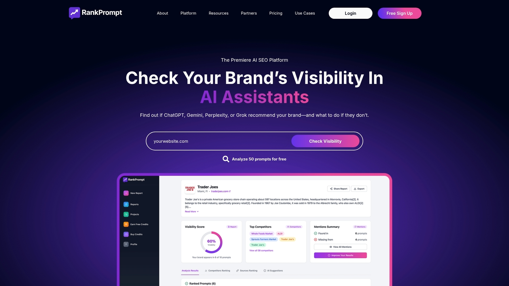 Uma captura de ecrã da página inicial do Rank Prompt, uma das melhores ferramentas de SEO com IA para acompanhar a visibilidade em pesquisa de IA.