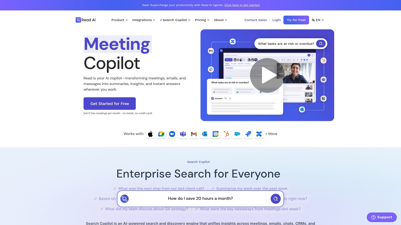 Une capture d'écran de la page d'accueil de Read.ai, l'un des meilleurs outils d'IA qui s'intègrent à HubSpot.