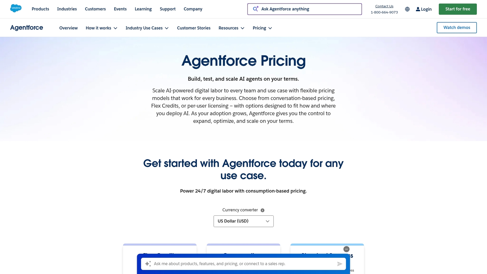 Ein Screenshot der Salesforce Agentforce-Preisseite, der die neuen flexiblen Preismodelle von Agentforce veranschaulicht.