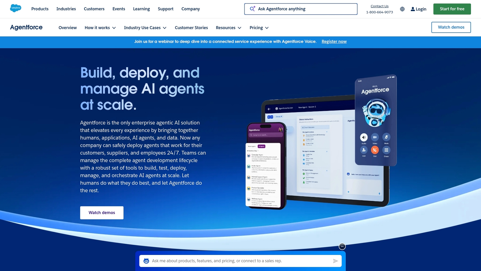 Salesforce Agentforceのランディングページのスクリーンショット。Salesforce AIエージェントのデモの主な価値提案を示しています。