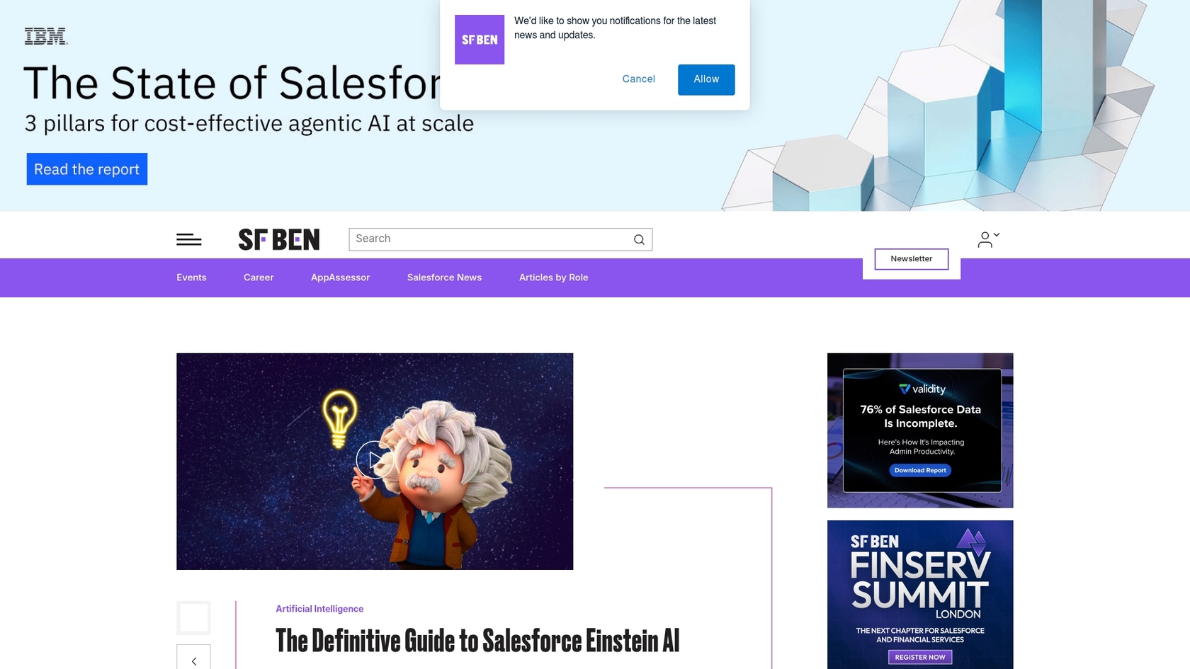 A screenshot of an article on Salesforce Ben discussing the pricing model for Salesforce Einstein.