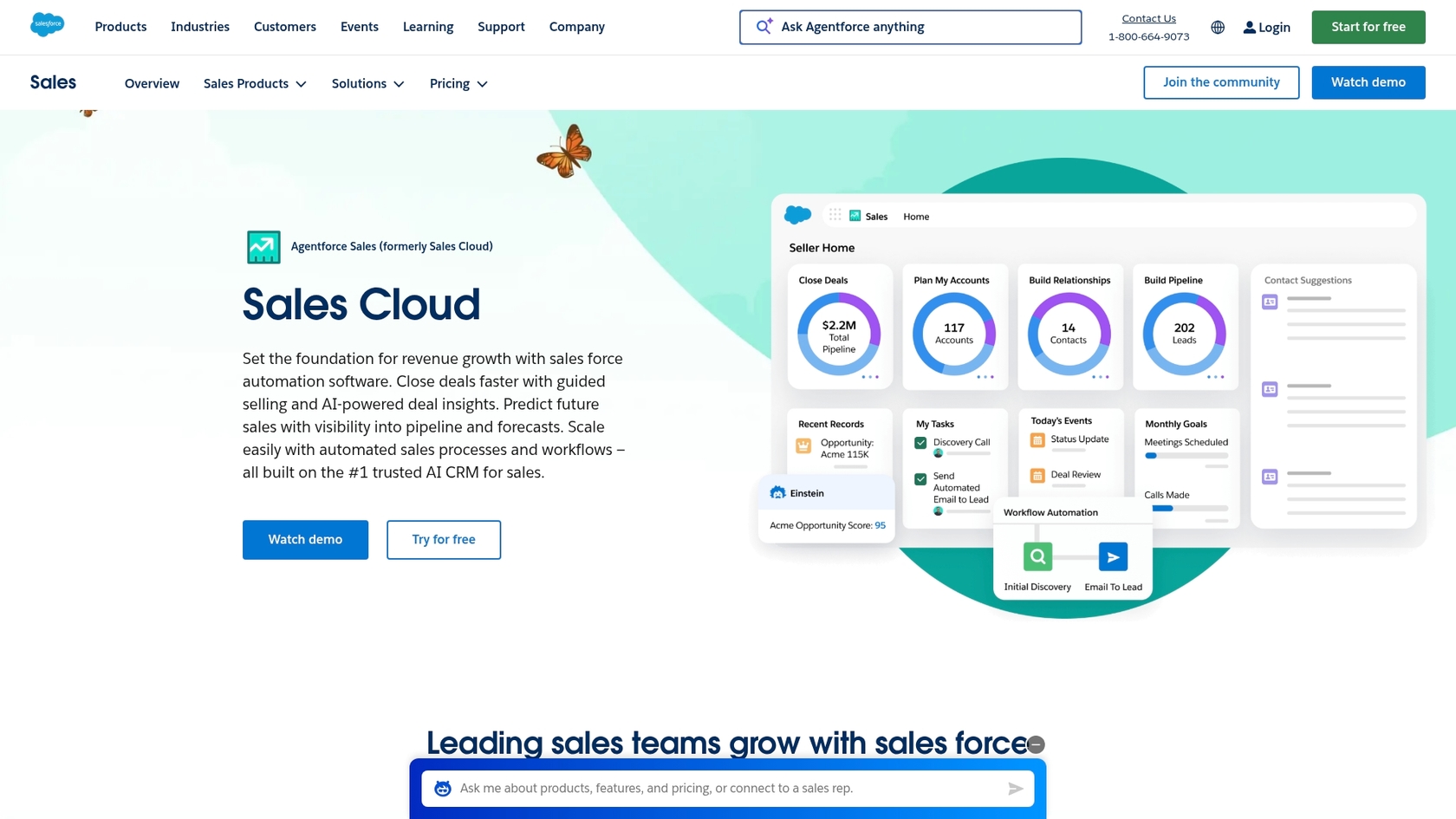 Uma captura de tela da página inicial do Salesforce Einstein for Sales, uma solução líder na lista de ferramentas de IA do Salesforce.