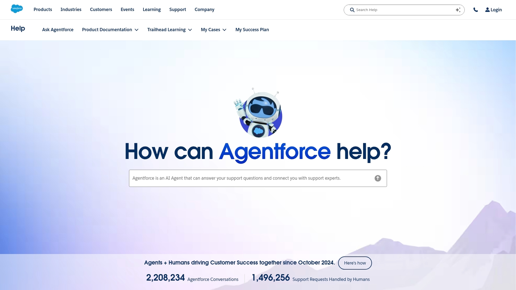 Uma captura de ecrã da página inicial do portal de ajuda ao cliente da Salesforce.