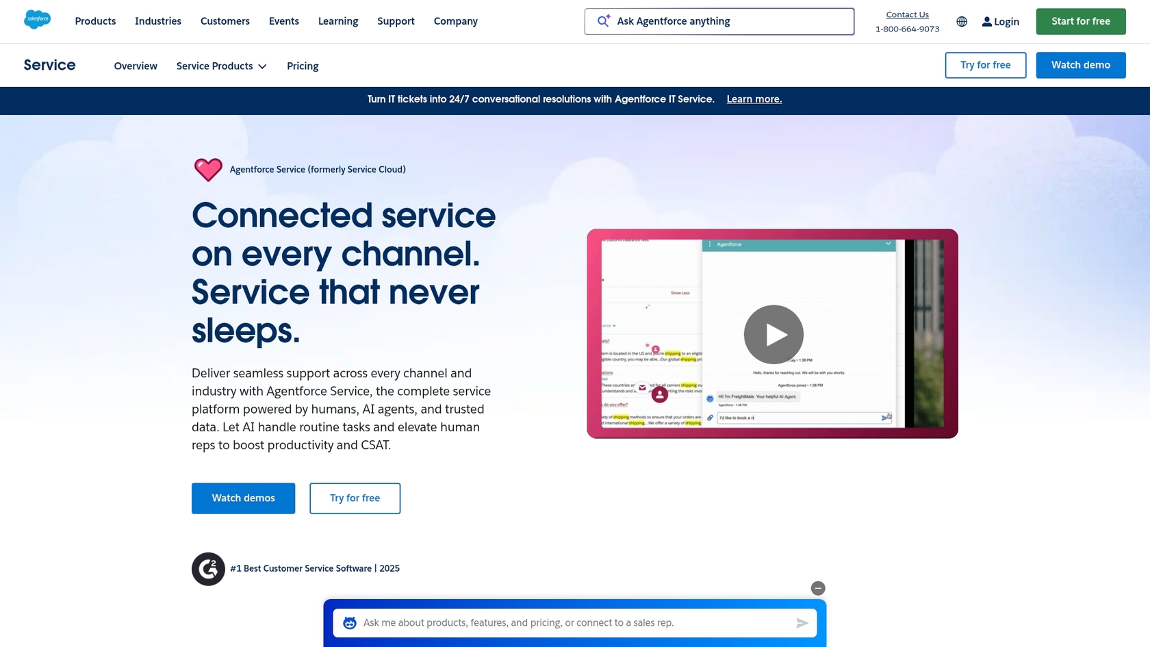 A screenshot of the official Salesforce Service Cloud page, which provides an overview of the Salesforce Service platform.::