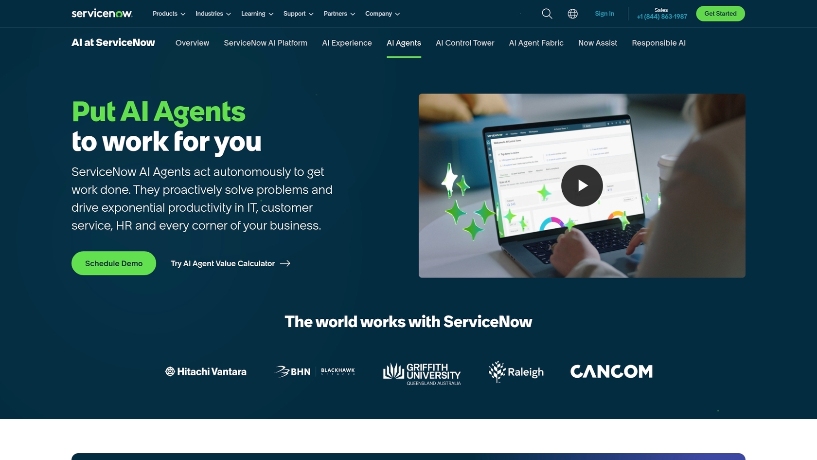 Uma captura de ecrã da página dos agentes de IA dos produtos da ServiceNow, que detalha as suas capacidades de automação.::/SCREENSHOTS