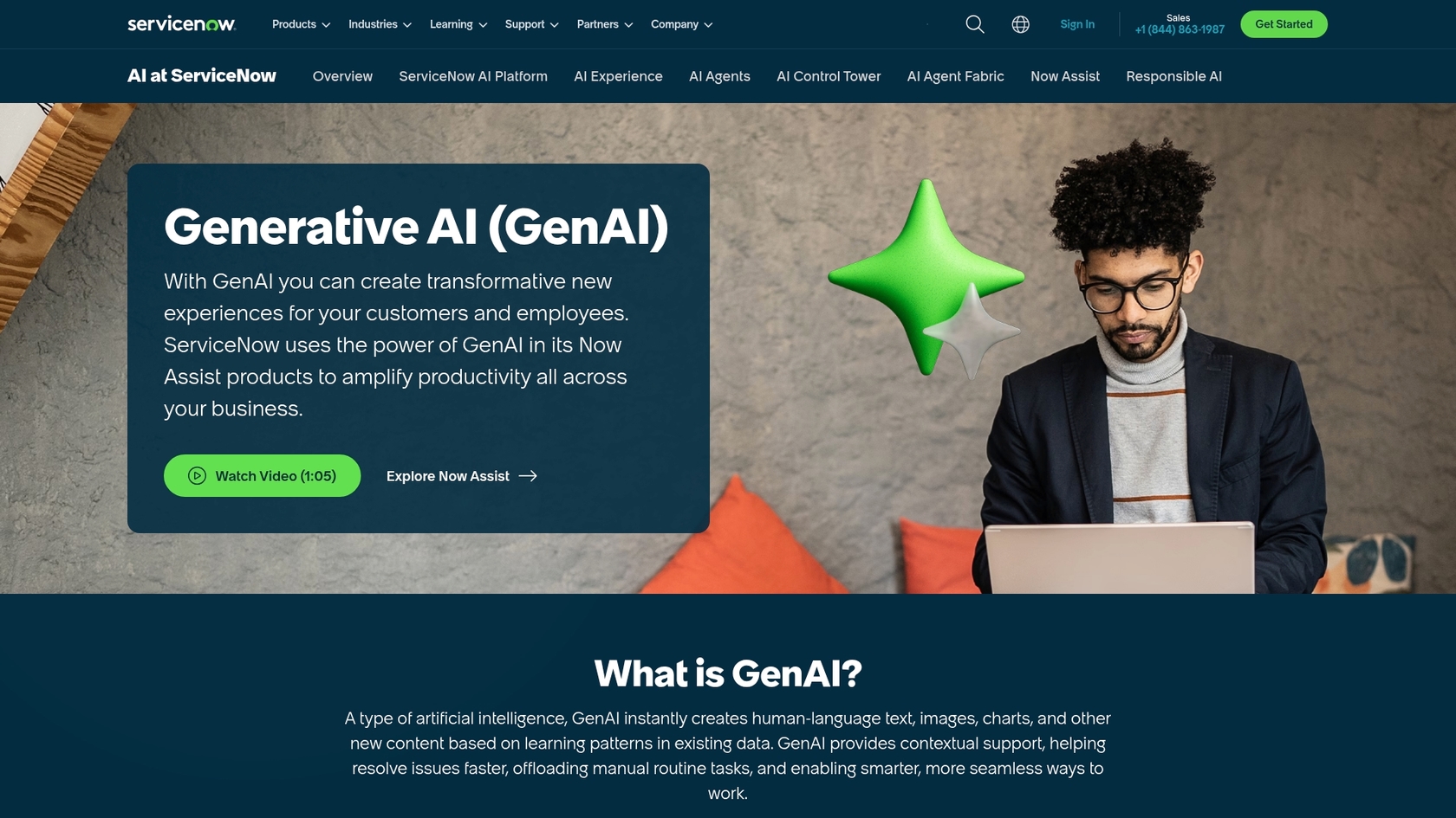 A screenshot of the official ServiceNow Generative AI platform page, which showcases the features of the ServiceNow Generative AI.::