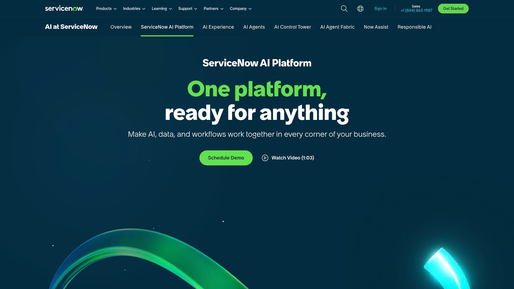 Uma captura de ecrã da página oficial da Plataforma ServiceNow, que mostra as funcionalidades principais da plataforma ServiceNow.::