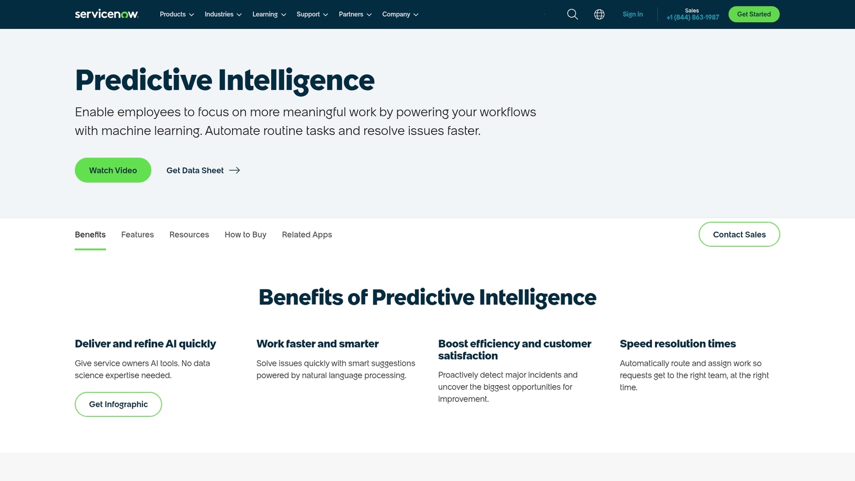 Uma captura de ecrã da página inicial do ServiceNow Predictive Intelligence, destacando as suas funcionalidades como uma das principais ferramentas de IA do ServiceNow.