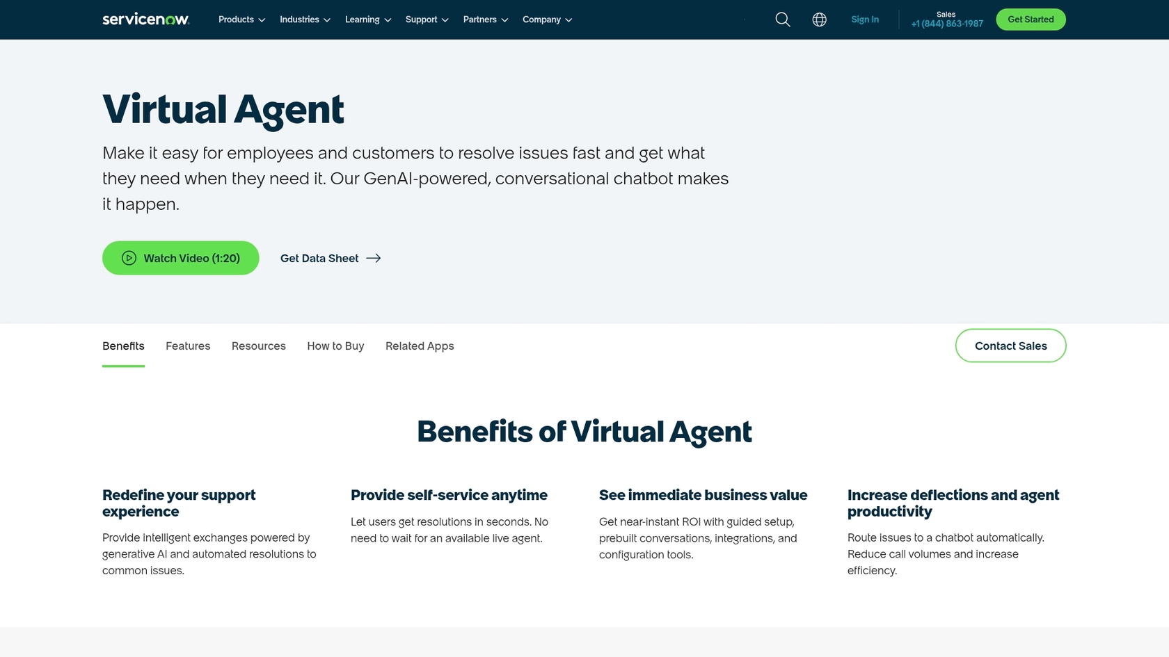Uma captura de ecrã da página inicial do ServiceNow Virtual Agent, mostrando uma das principais ferramentas de IA do ServiceNow.