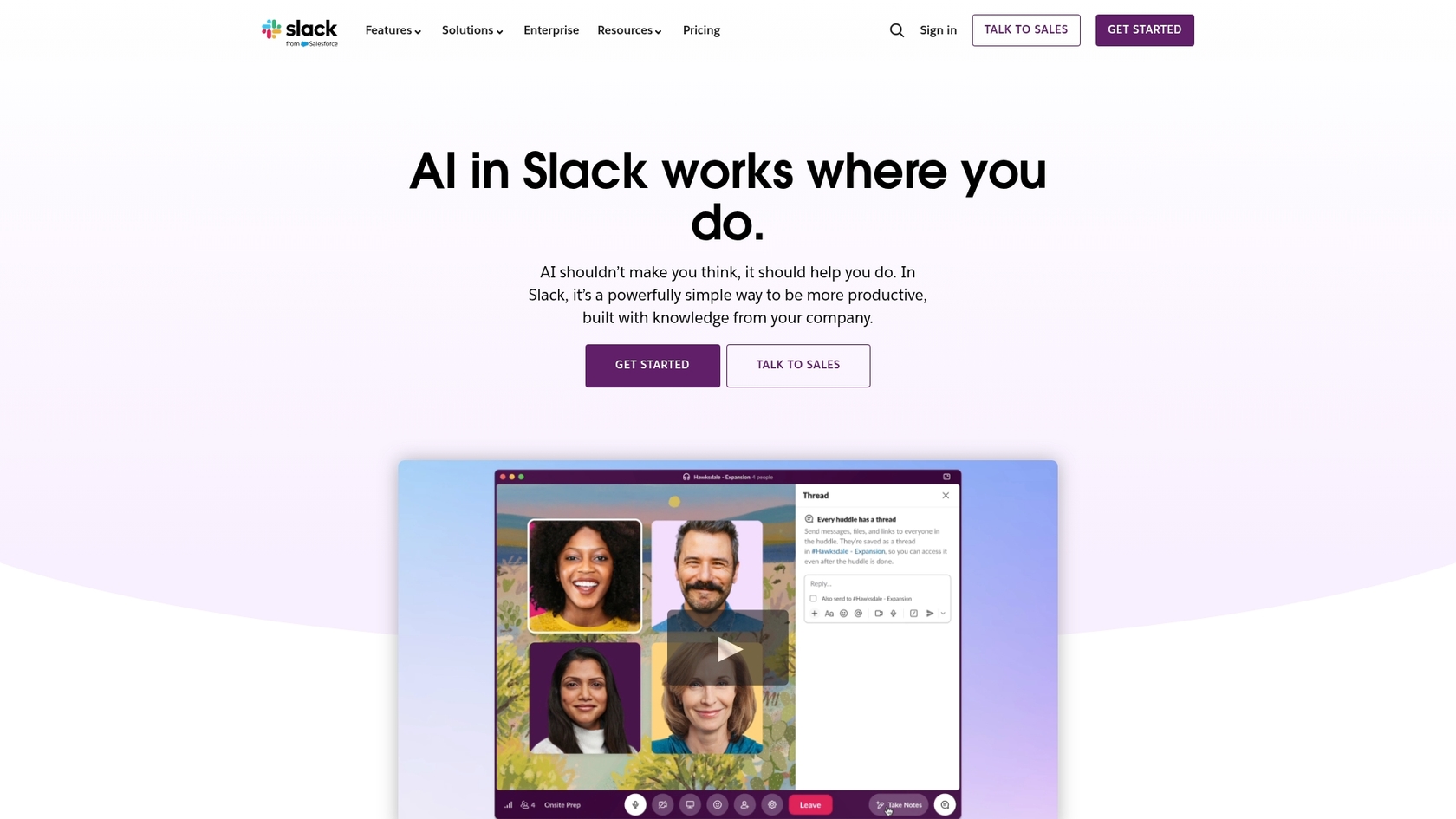 Ein Screenshot der Slack AI Landing Page, ein Schlüsselinstrument in jedem Leitfaden zu den besten KI-Tools für Salesforce.