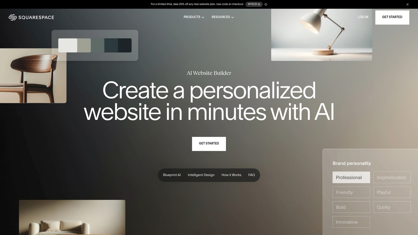 Una captura de pantalla de la página de inicio de Squarespace Blueprint AI, enfatizando su enfoque centrado en el diseño.
