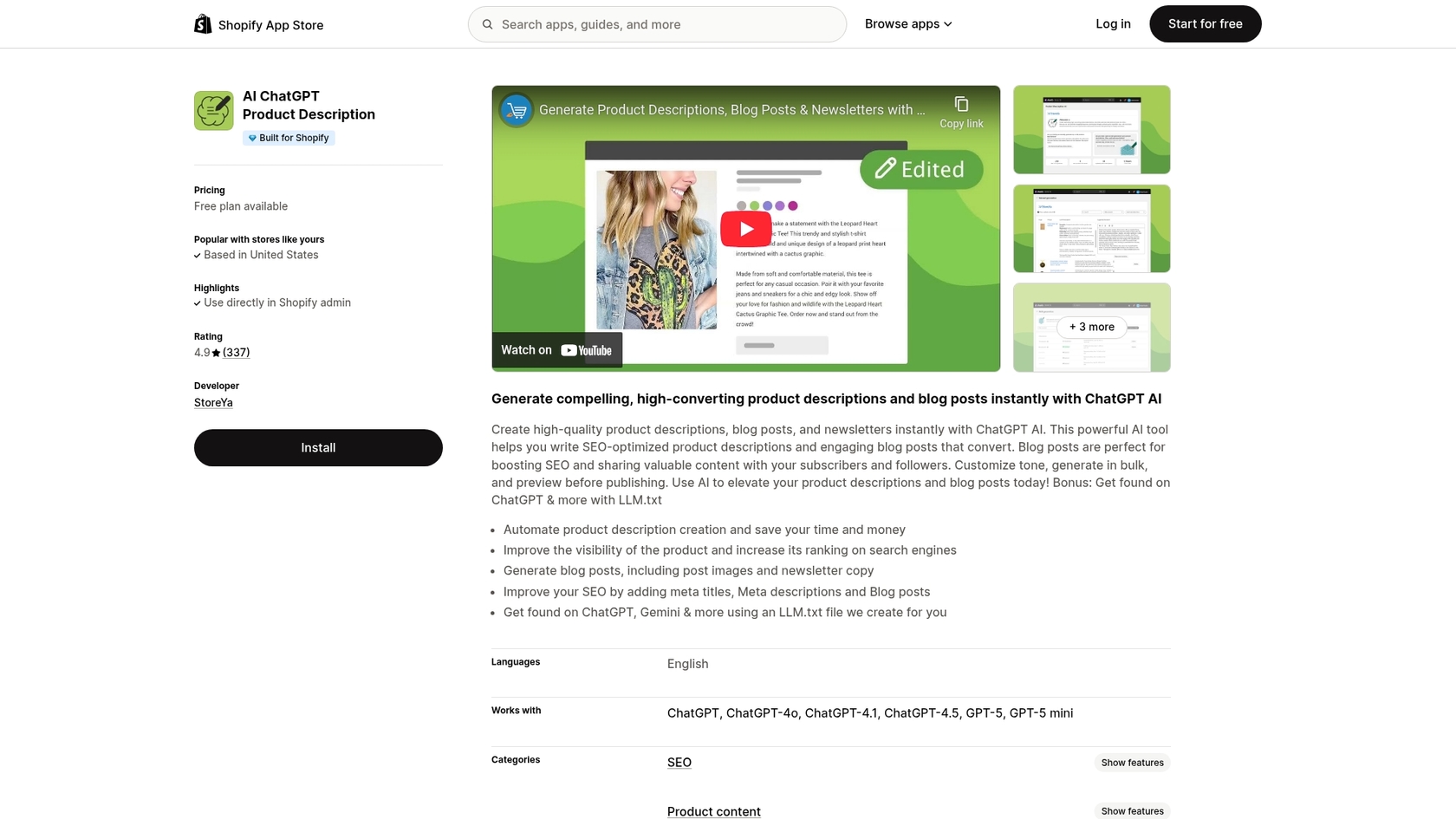 Ein Screenshot der App-Seite von „AI ChatGPT Product Description by StoreYa“, ein Beispiel für eine Shopify-KI-App für Inhalte.::