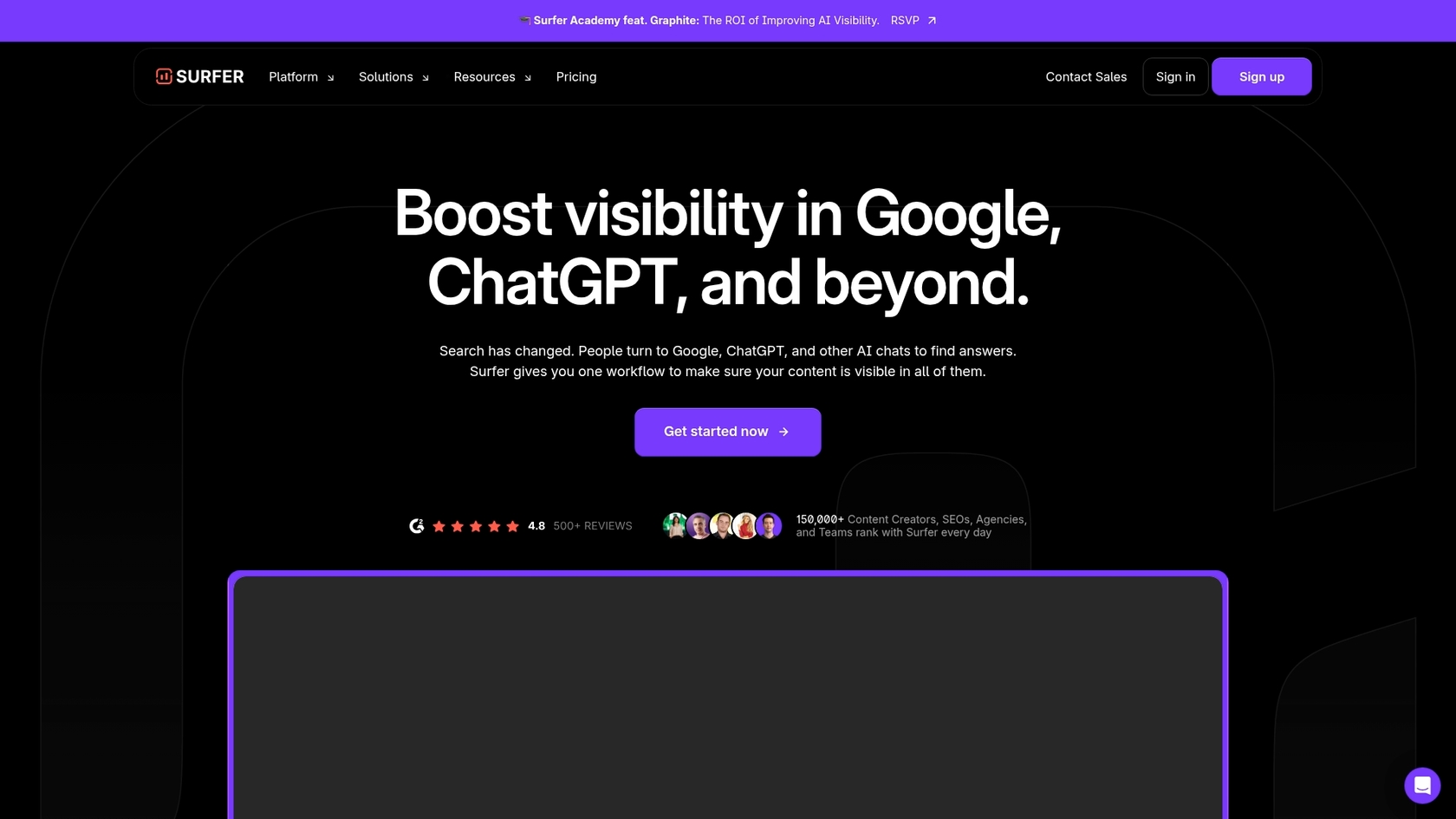 Uma captura de ecrã da página inicial do Surfer SEO, uma das ferramentas clássicas de SEO com IA para otimização on-page.