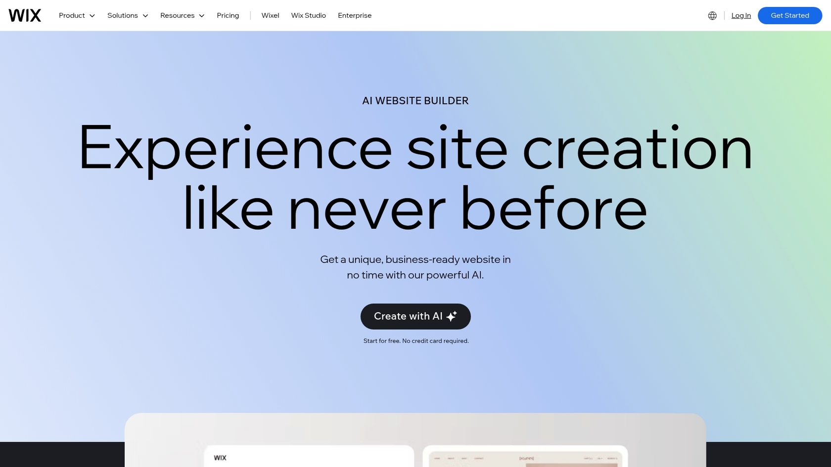 Una captura de pantalla de la página de inicio del generador de sitios web con IA de Wix, destacando sus características.