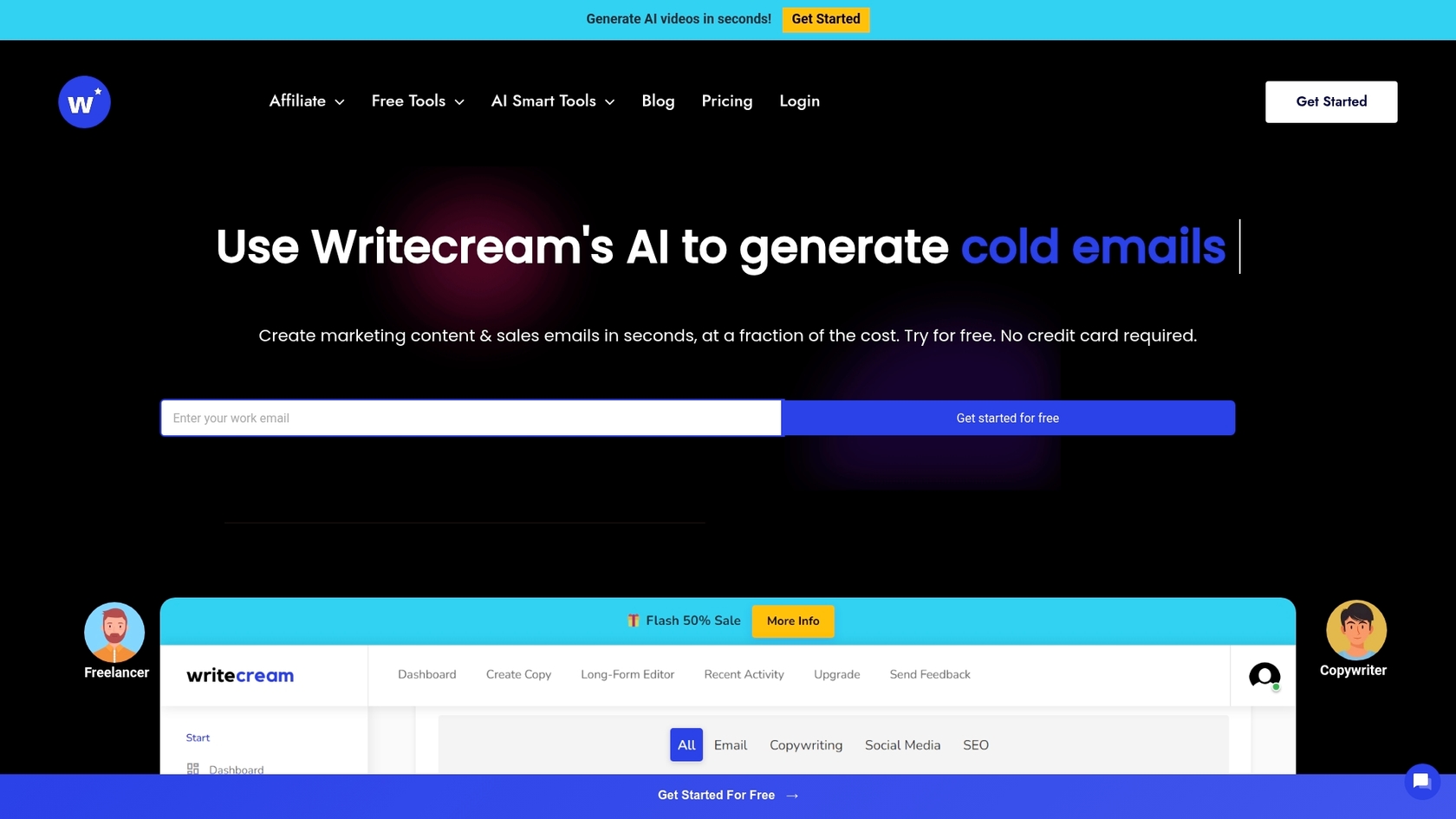 A screenshot of the Writecream landing page, an AI article writer with images.