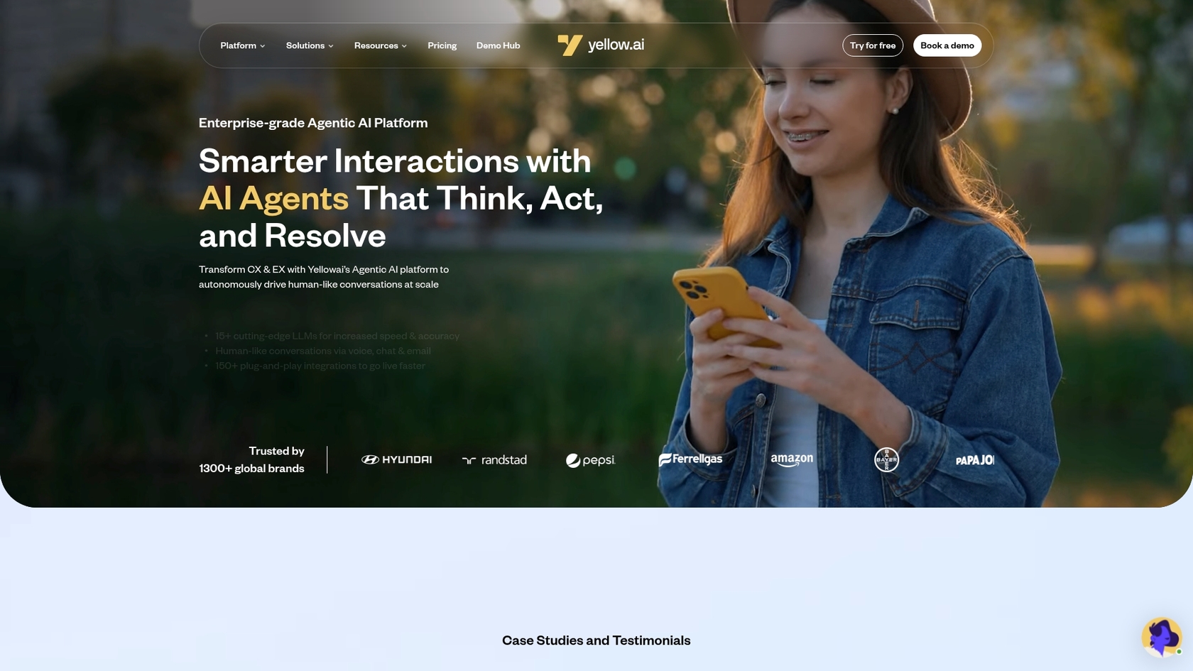 A screenshot of the Yellow.ai homepage, showcasing its features as one of the enterprise-grade Chatbase alternatives for AI agents.