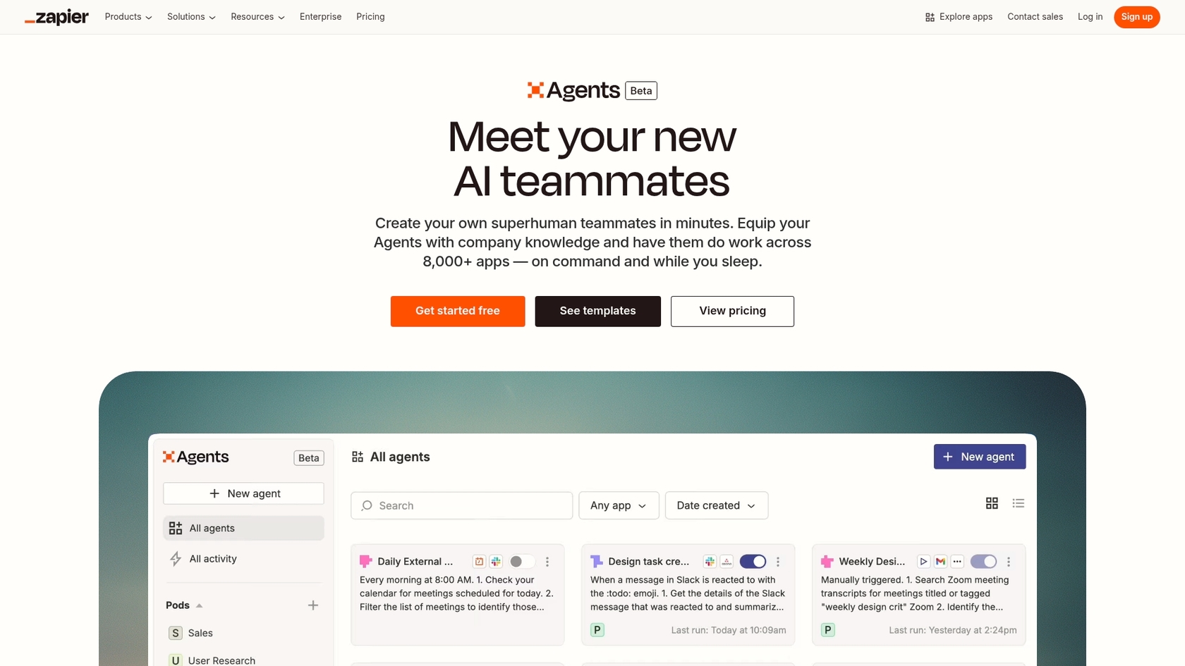 Ein Screenshot der Zapier Agents-Landingpage, eine einzigartige Option unter den ChatGPT-Gruppenchat-Alternativen für die Workflow-Automatisierung.::alt_title=Ein Screenshot der Zapier Agents-Landingpage, eine einzigartige Option unter den ChatGPT-Gruppenchat-Alternativen für die Workflow-Automatisierung.::alt_text=Ein Screenshot der Zapier Agents-Landingpage, eine einzigartige Option unter den ChatGPT-Gruppenchat-Alternativen für die Workflow-Automatisierung.
