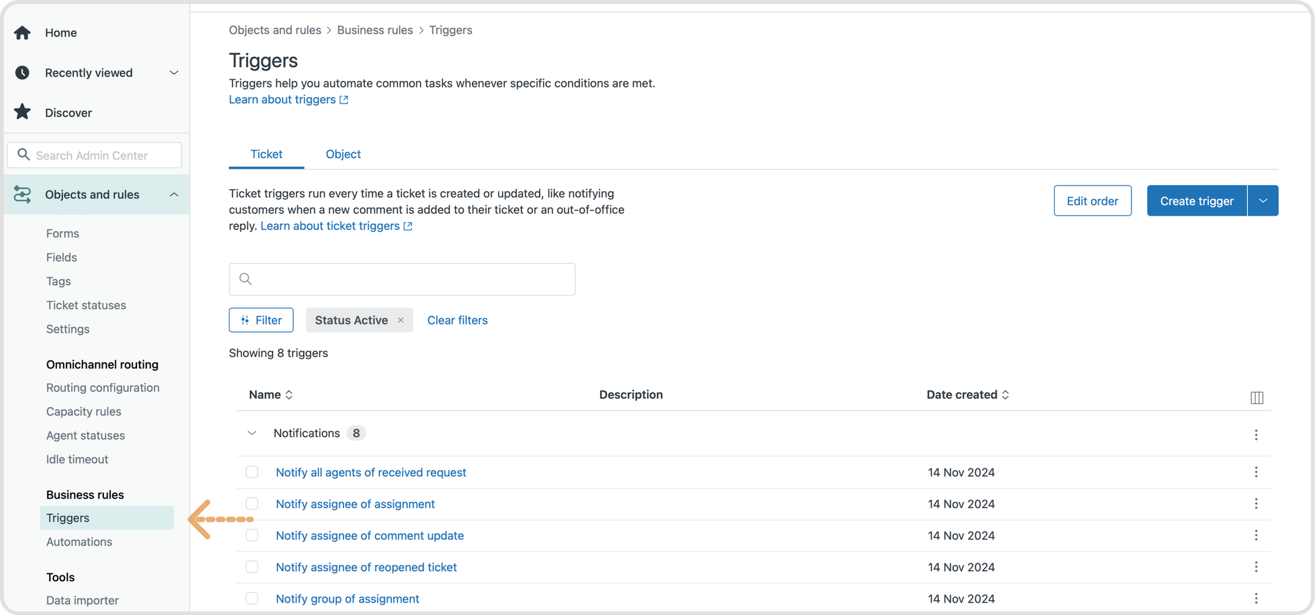 screenshot of the settings for triggers for zendesk bot