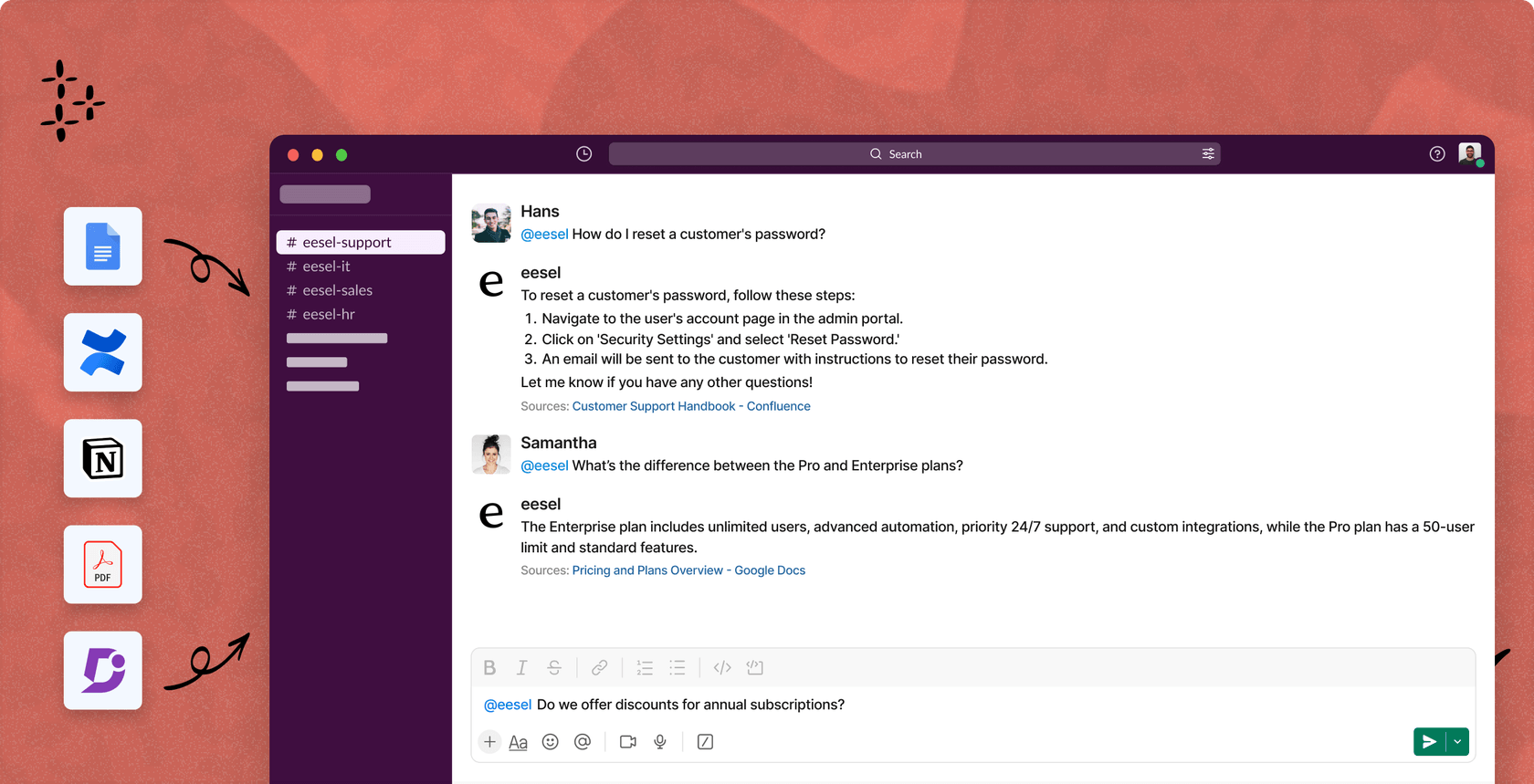An illustration of an autonomous AI Agent that works within your helpdesk, a different model from the two-platform Chatbase Salesforce integration.