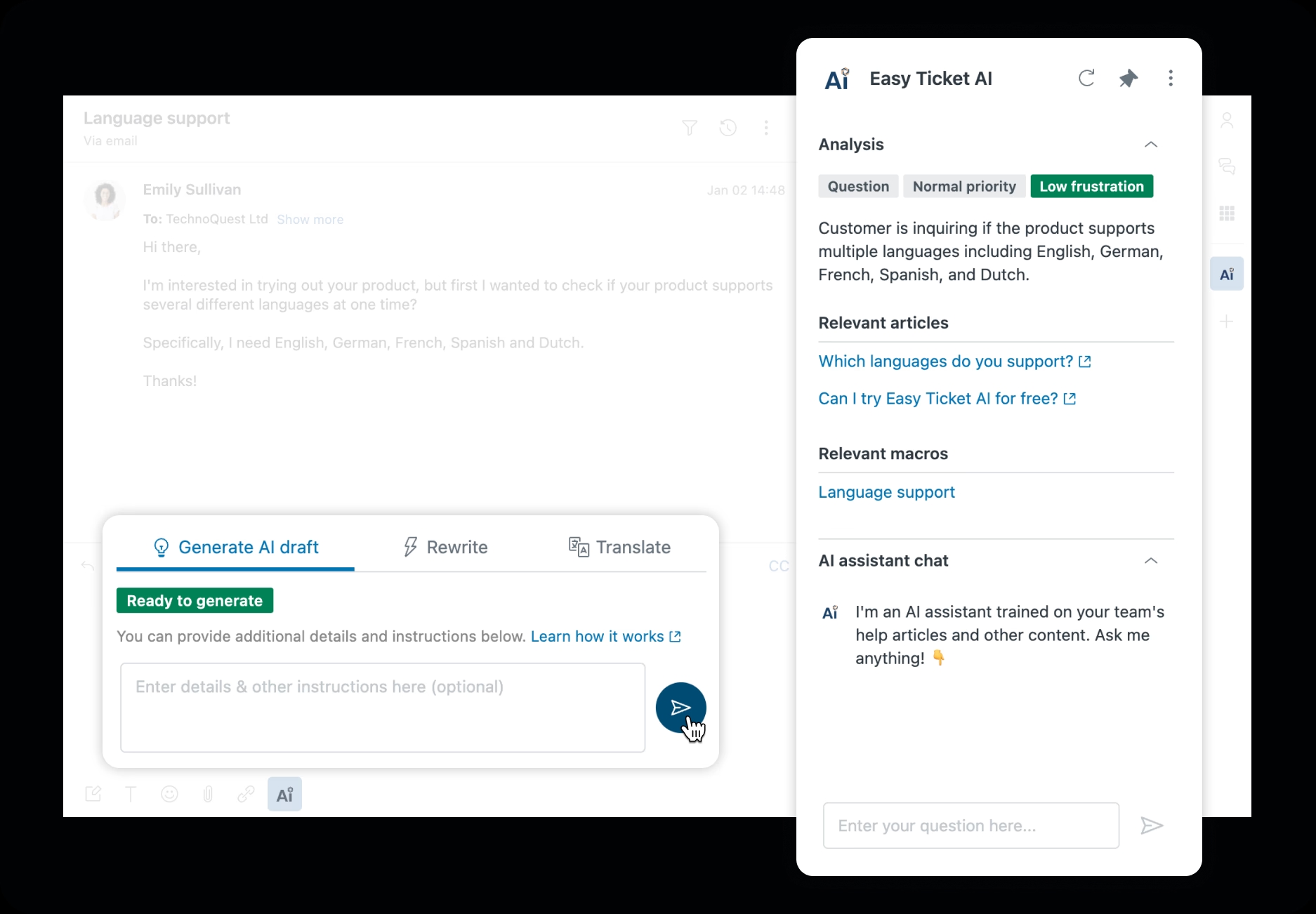 a zendesk chatbot answering a question