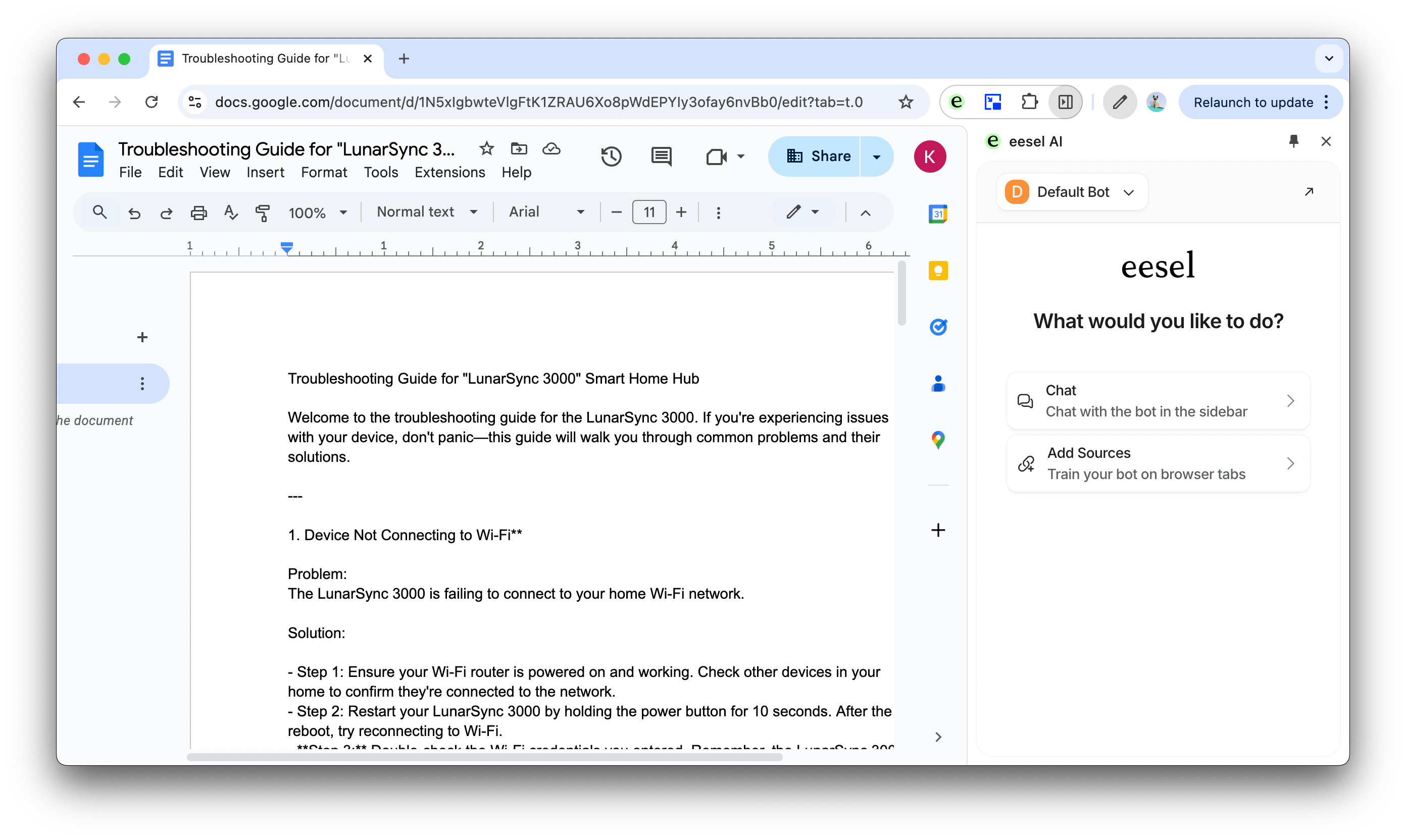 eesel AI extension with Google Doc page open and ready for uploading