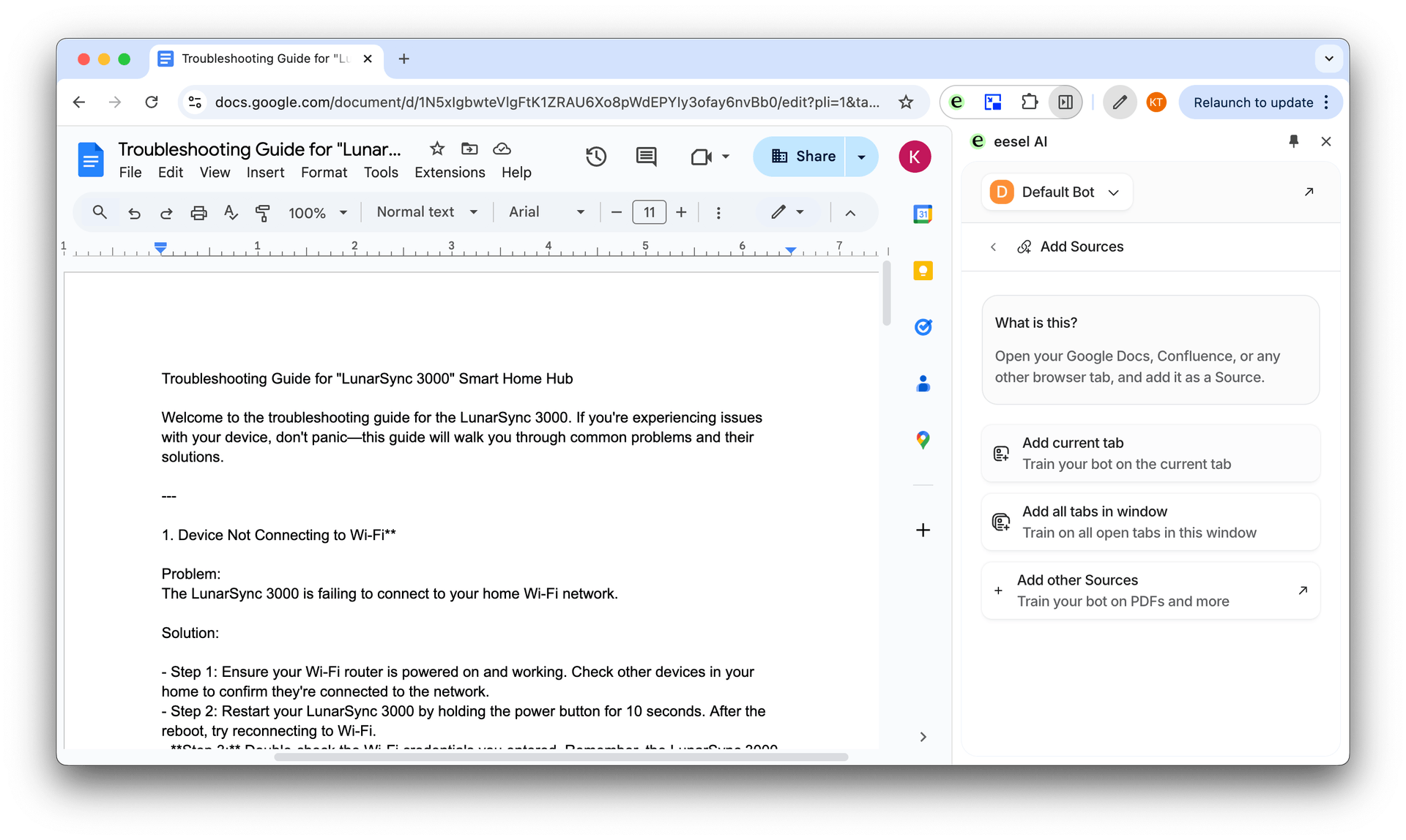 eesel AI extension adding source to a bot using google docs tab