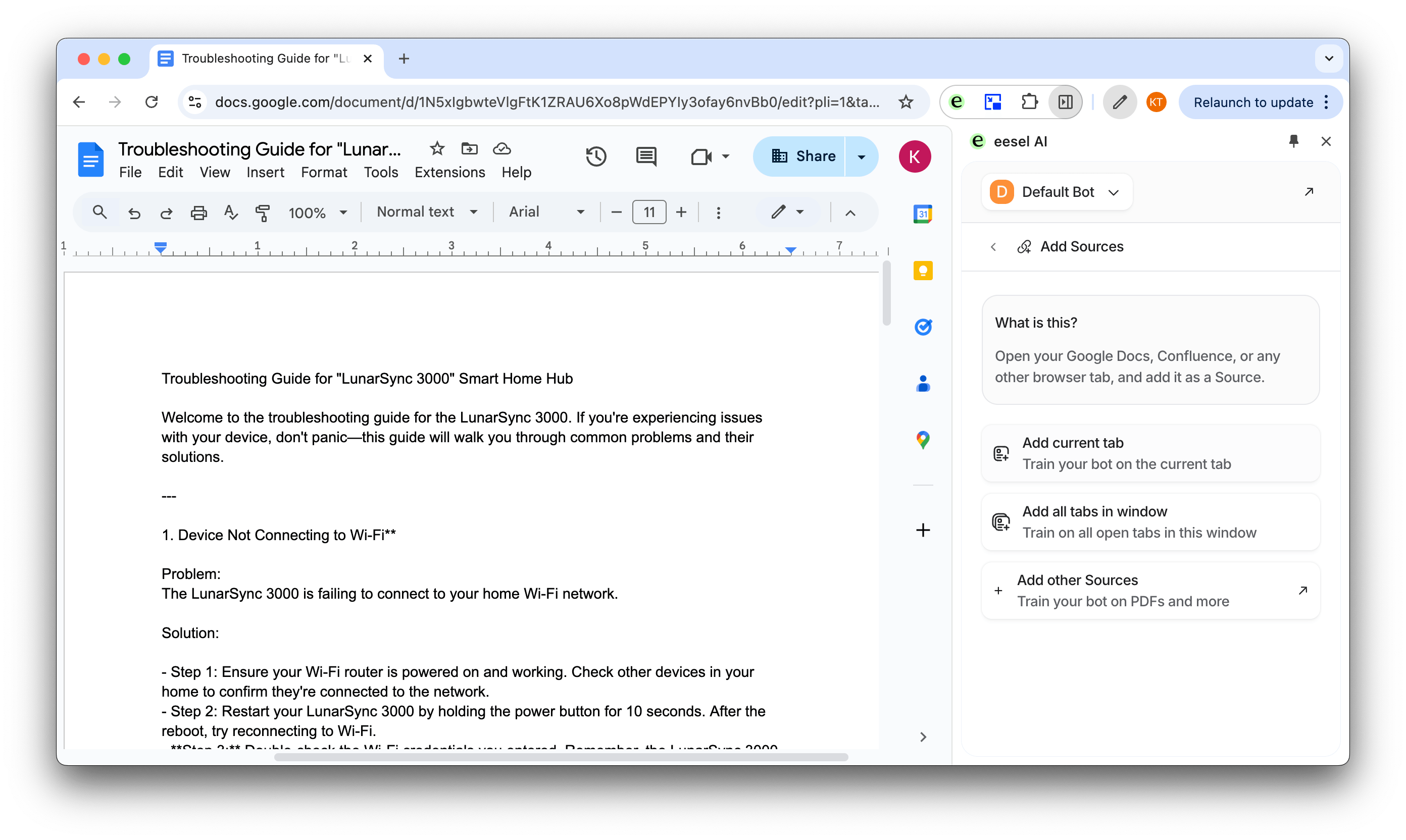 eesel AI extension adding source to a bot using google docs tab
