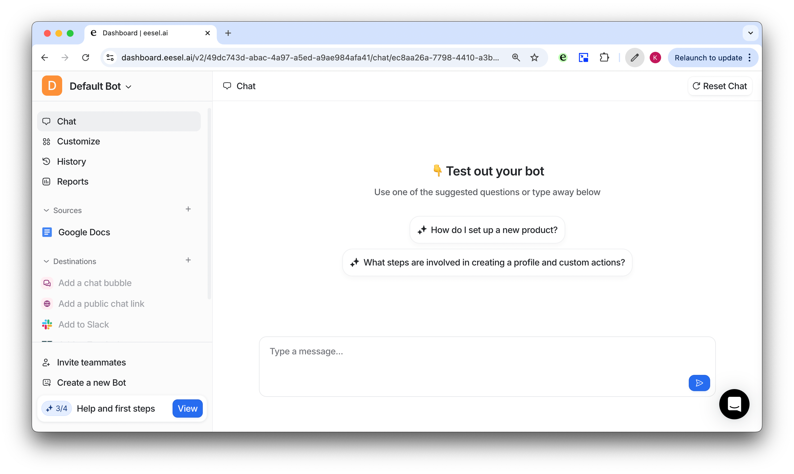 Screenshot of the dashboard showcasing testing the AI bot