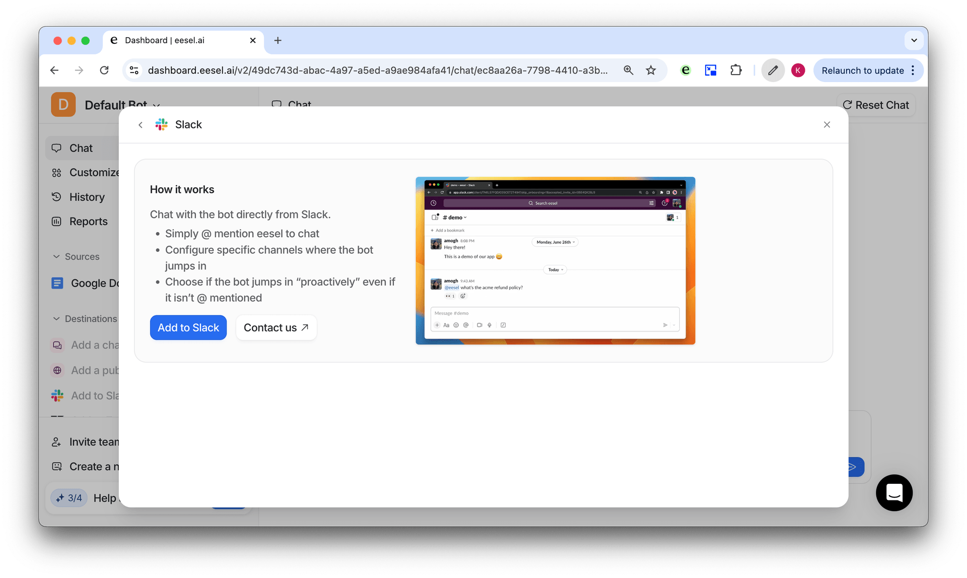 Screenshot eesel dashboard showing enabling AI in Slack