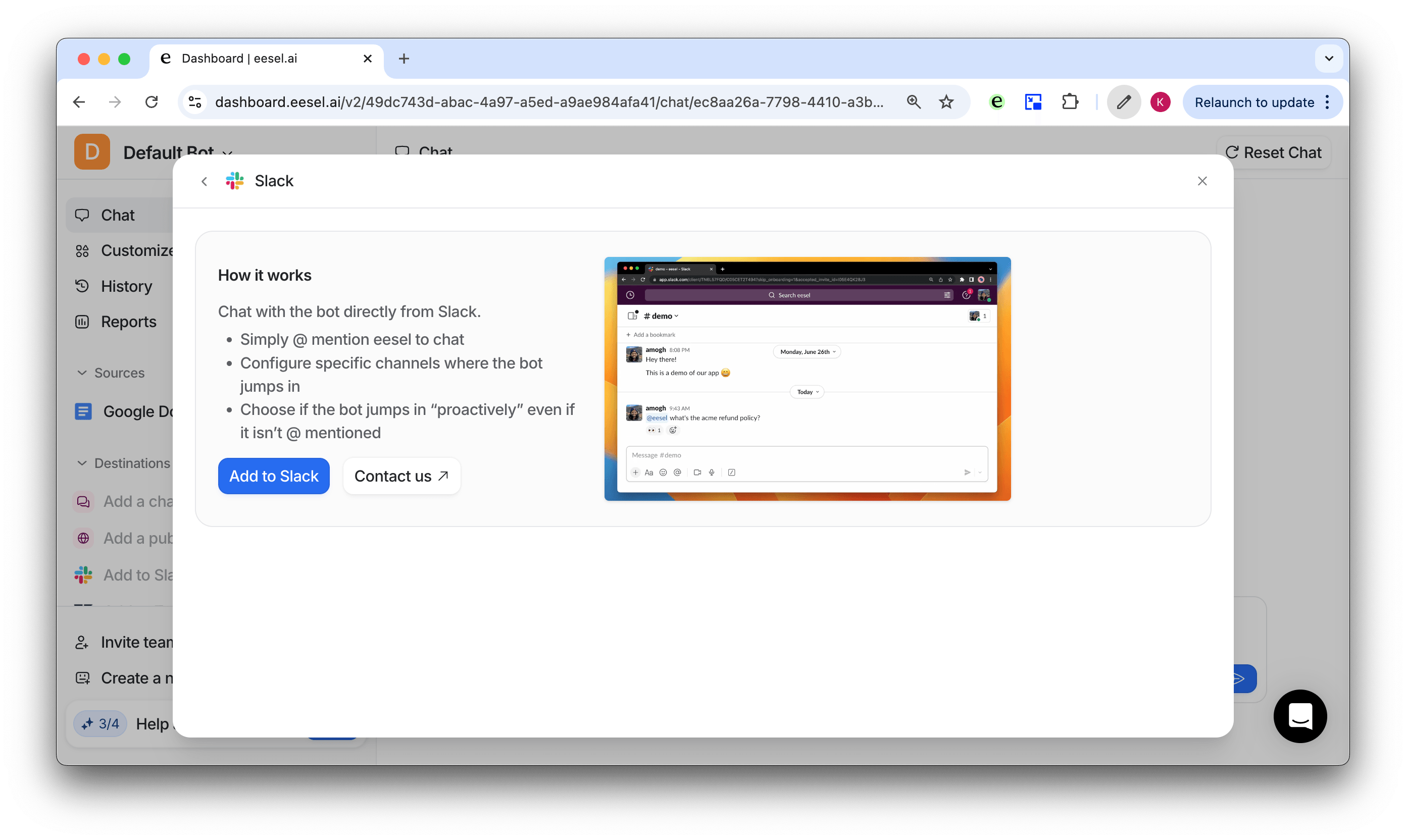 Screenshot eesel dashboard showing enabling AI in Slack