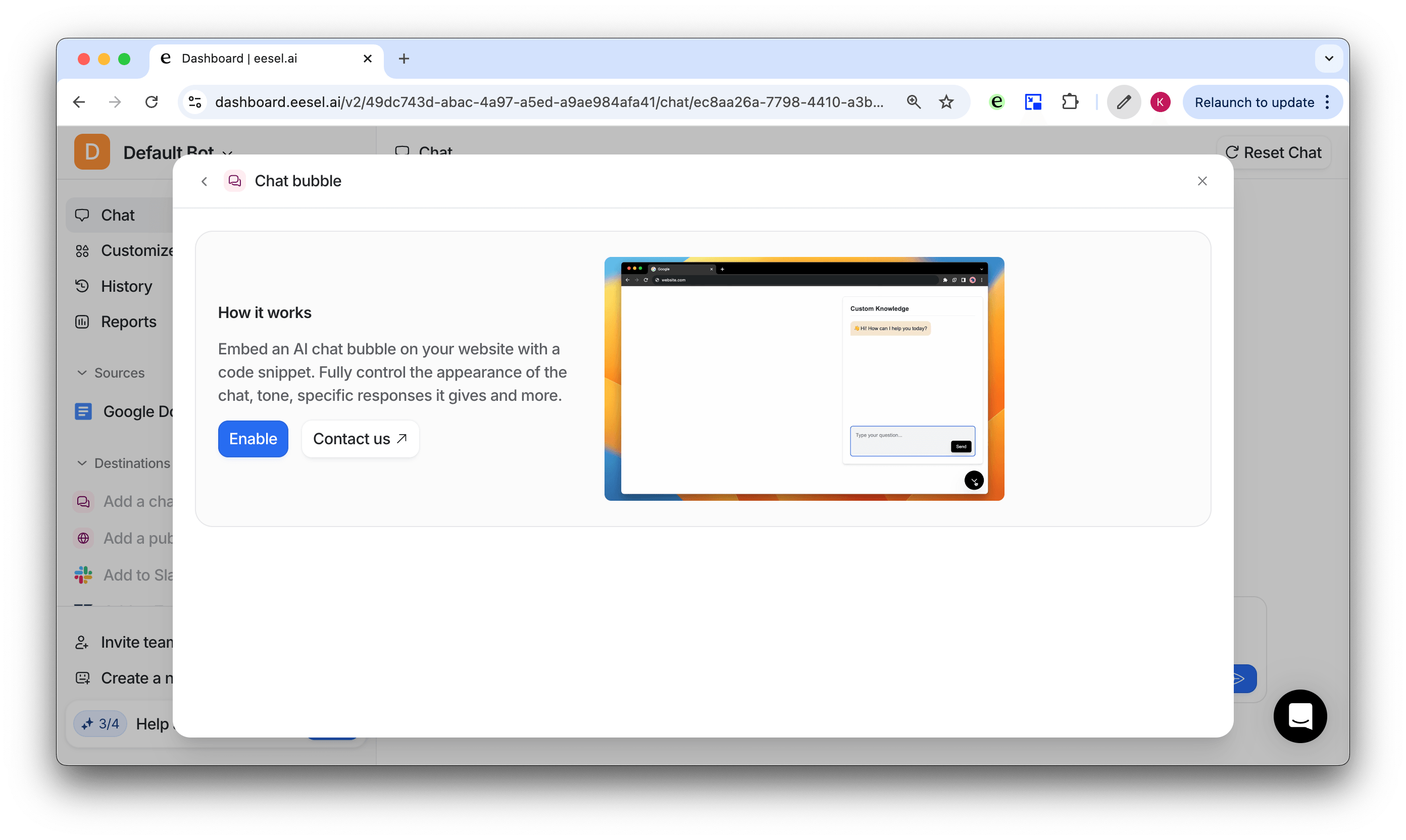 Screenshot of dashboard adding AI as a chat bubble to your site