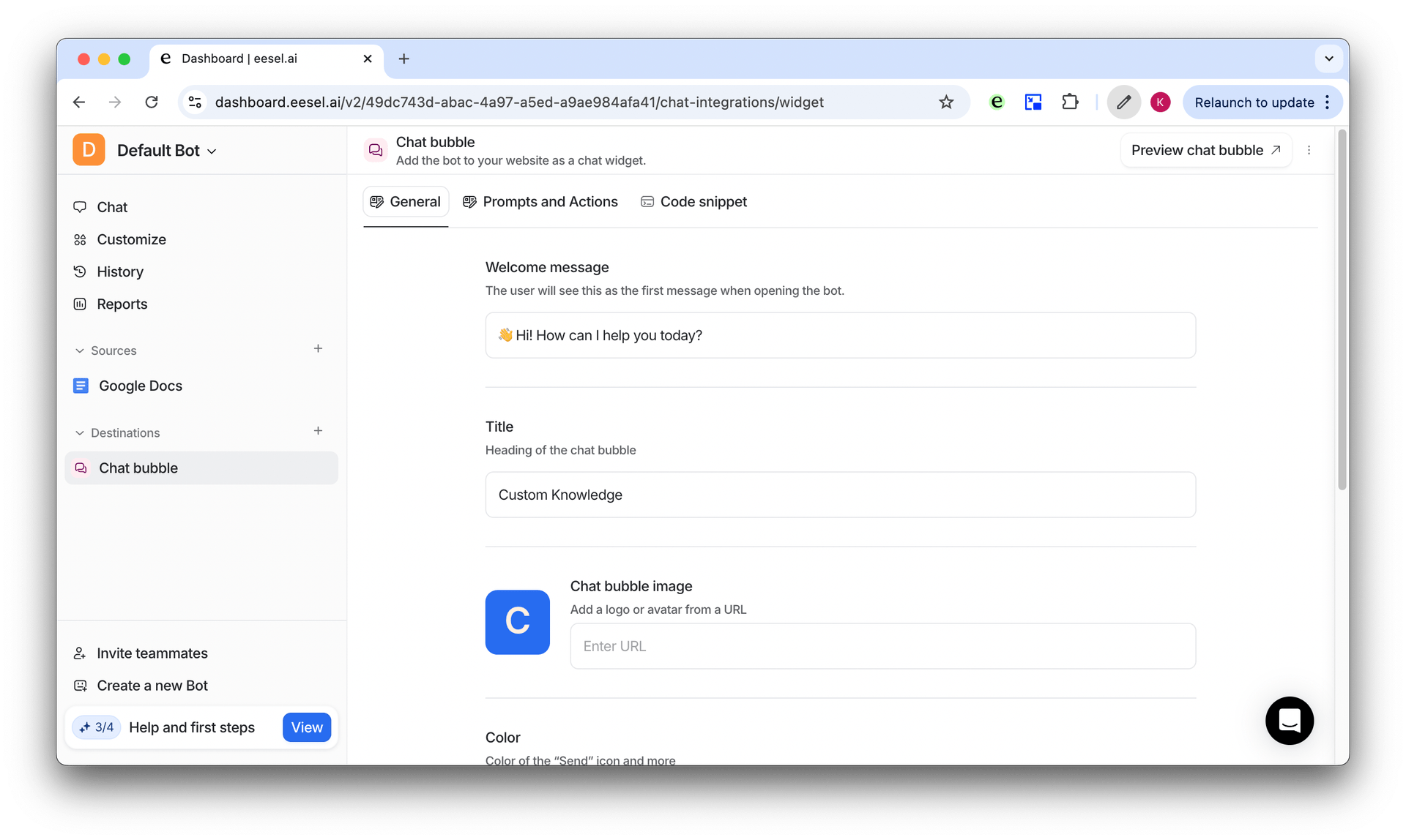 Screenshot of the General tab to customize some of your chat bubble AI settings