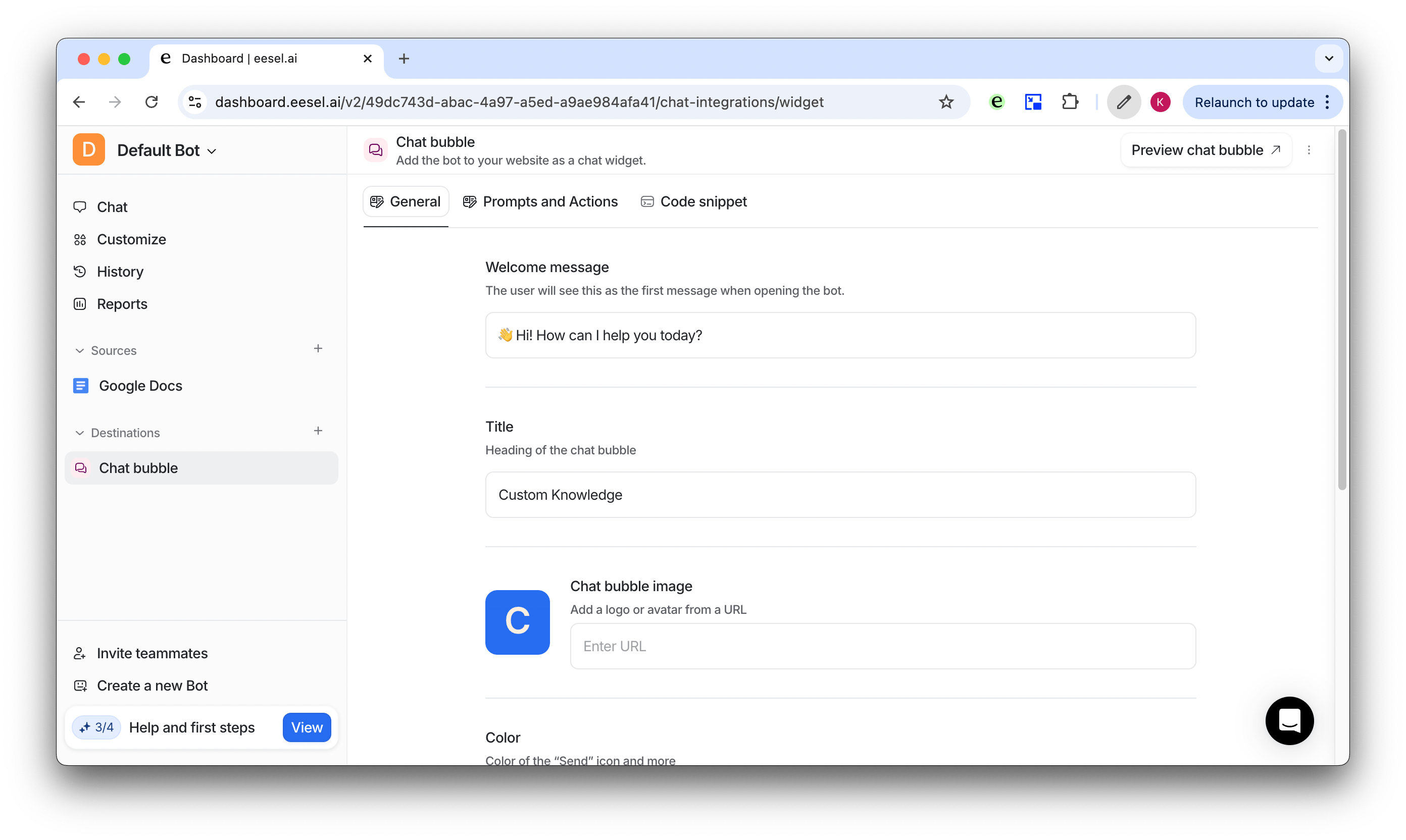 Screenshot of the General tab to customize some of your chat bubble AI settings