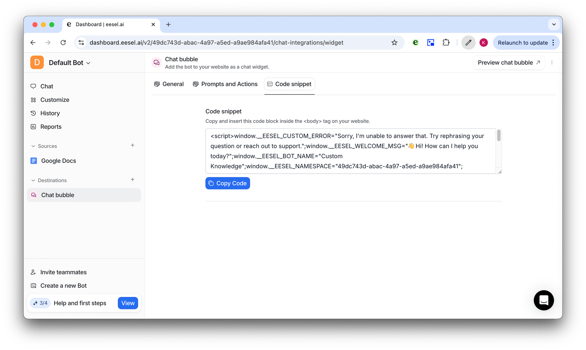 Screenshot of eesel AI dashboard showing code snipper to add your chat bubble AI to your website